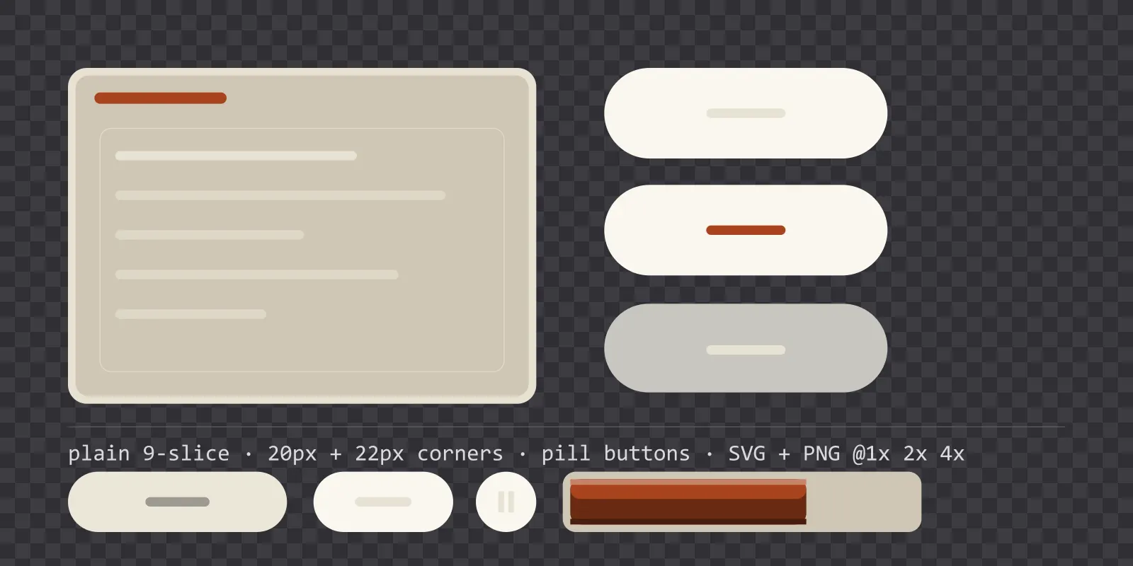 light parchment game menu panel with a rust red title strip and a recessed list area, next to a column showing the same pill button in default, outlined hover and pushed-in pressed states