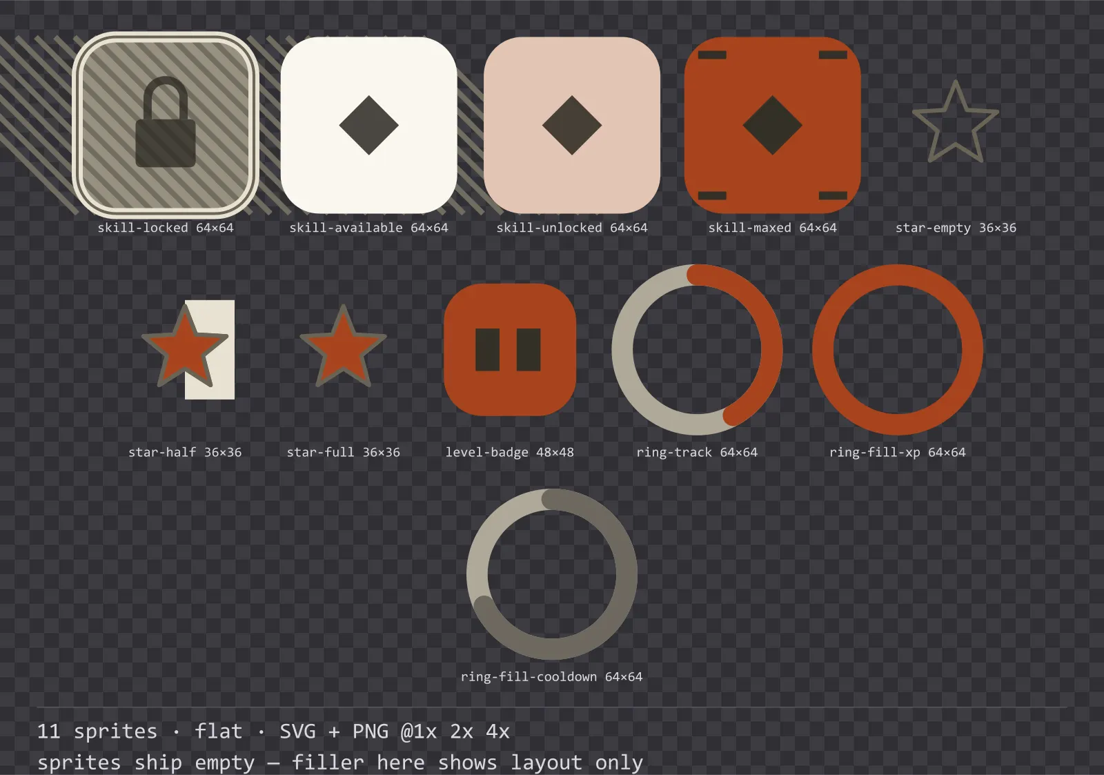 Sheet showing 11 flat progression and reward components from the Paper family, arranged on a transparency checkerboard with their pixel sizes printed underneath