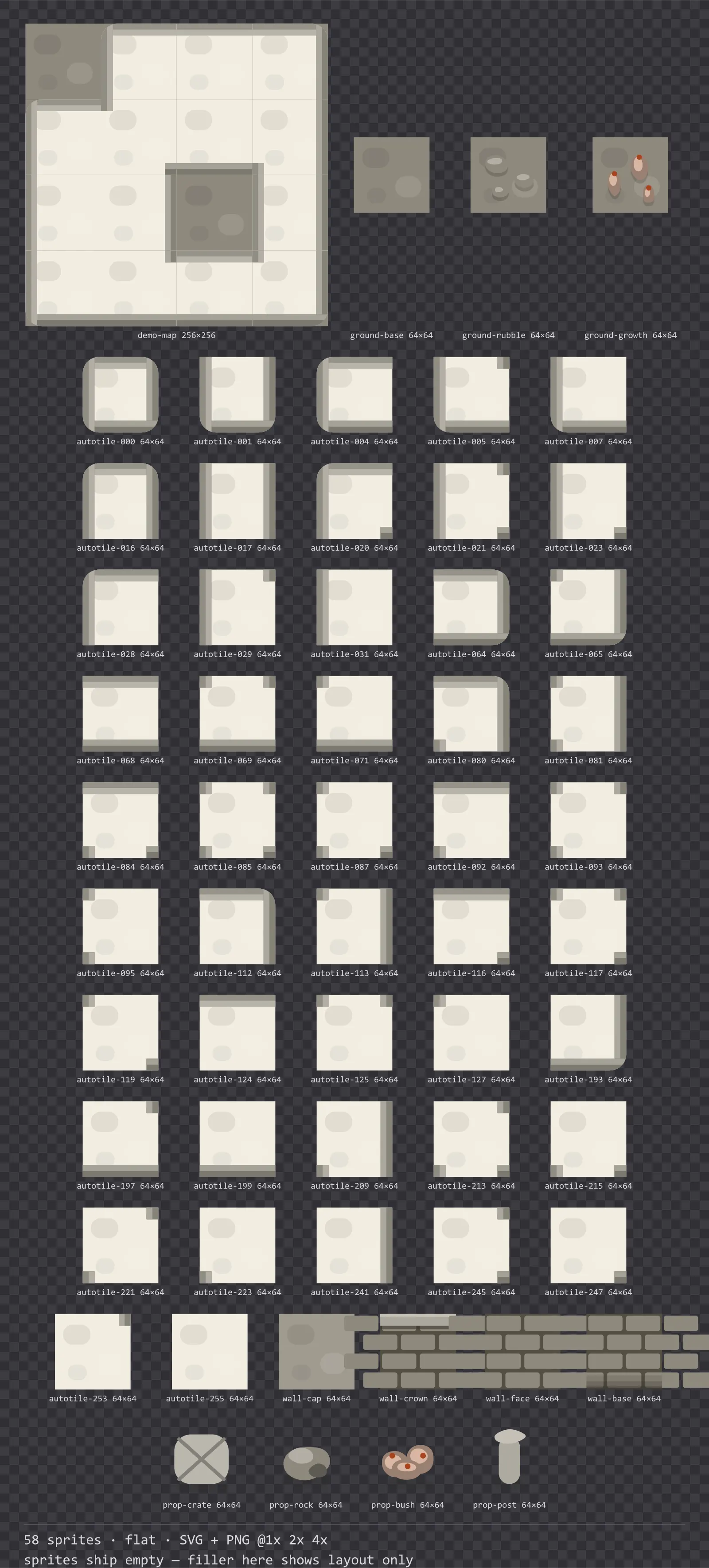 Sheet showing 58 flat tiles from the Paper family, arranged on a transparency checkerboard with their pixel sizes printed underneath