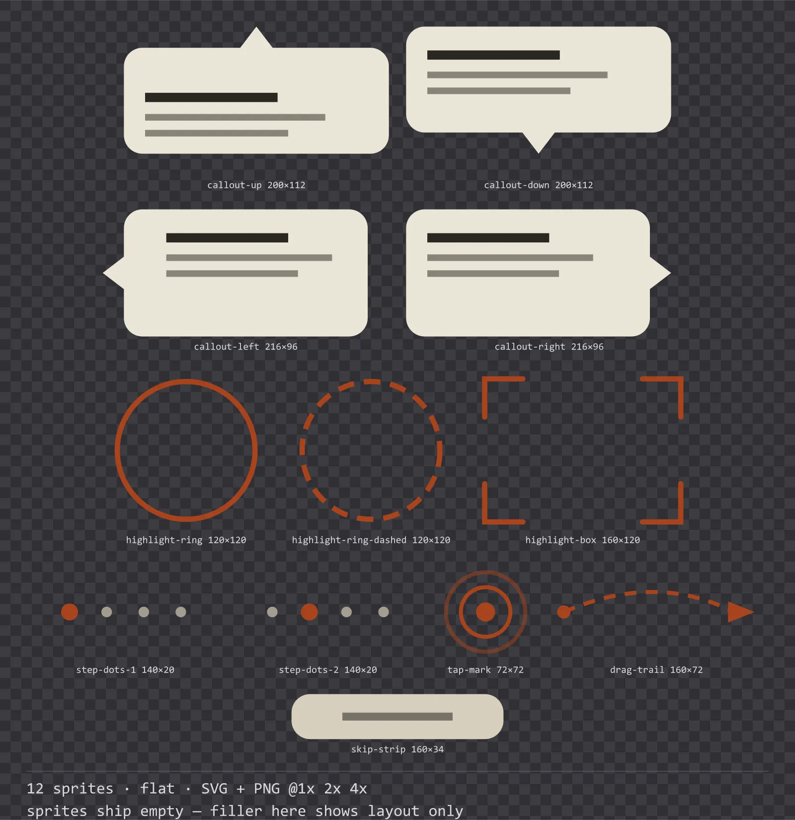 Sheet showing 12 flat tutorial and onboarding markers from the Paper family, arranged on a transparency checkerboard with their pixel sizes printed underneath