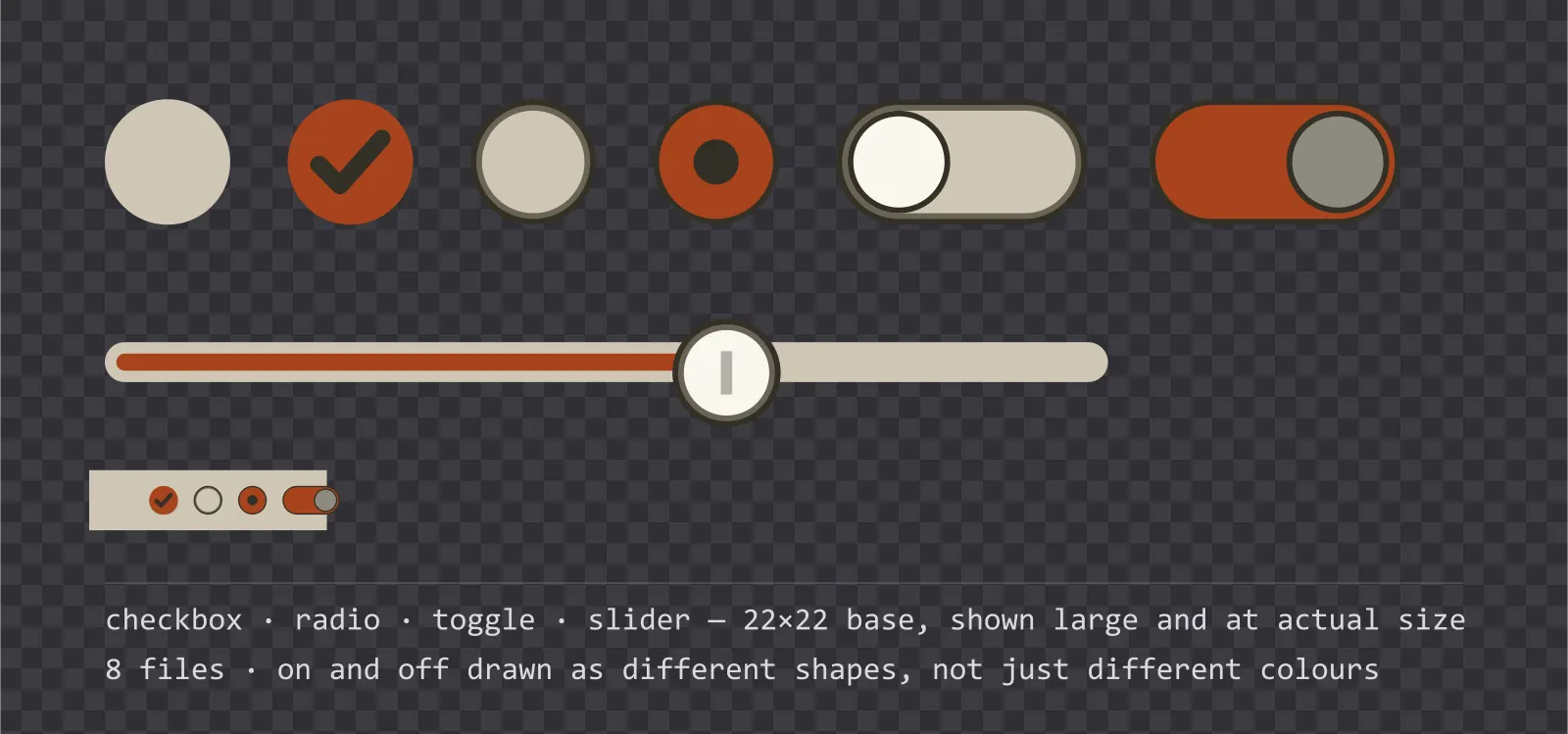 Game settings controls on a checkerboard background — an empty and a ticked checkbox, an unselected and a selected radio button, a toggle switch shown off and on, and a slider track with its knob