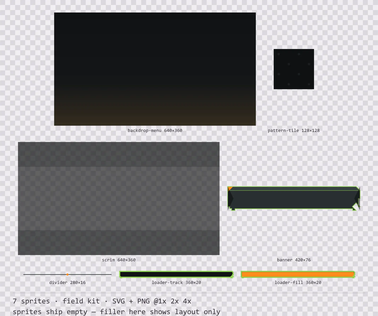 Sheet showing 7 field kit background and overlay pieces from the Recon family, arranged on a transparency checkerboard with their pixel sizes printed underneath