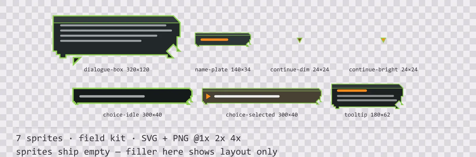 Sheet showing 7 field kit dialogue components from the Recon family, arranged on a transparency checkerboard with their pixel sizes printed underneath