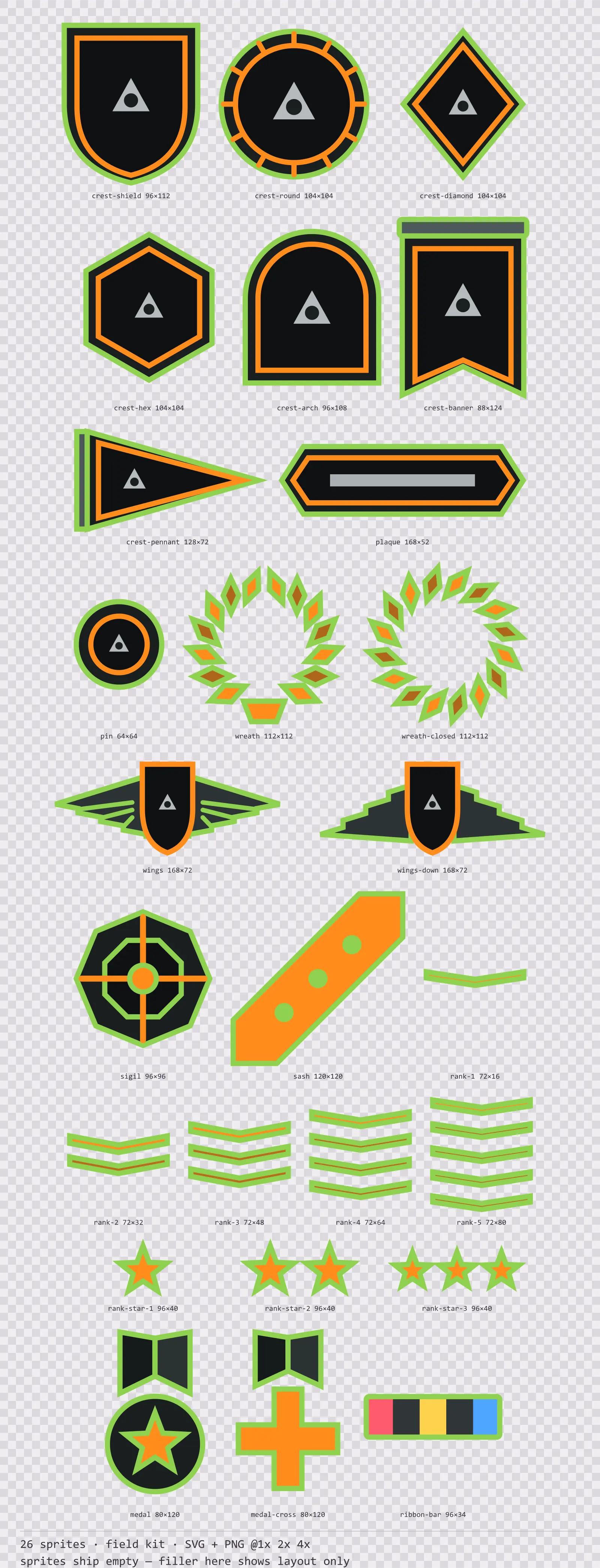Blatt mit 26 Wappen, Abzeichen und Rangmarken (Feldkit) aus der Familie Recon, angeordnet auf einem Transparenz-Schachbrett, mit den Pixelmaßen darunter