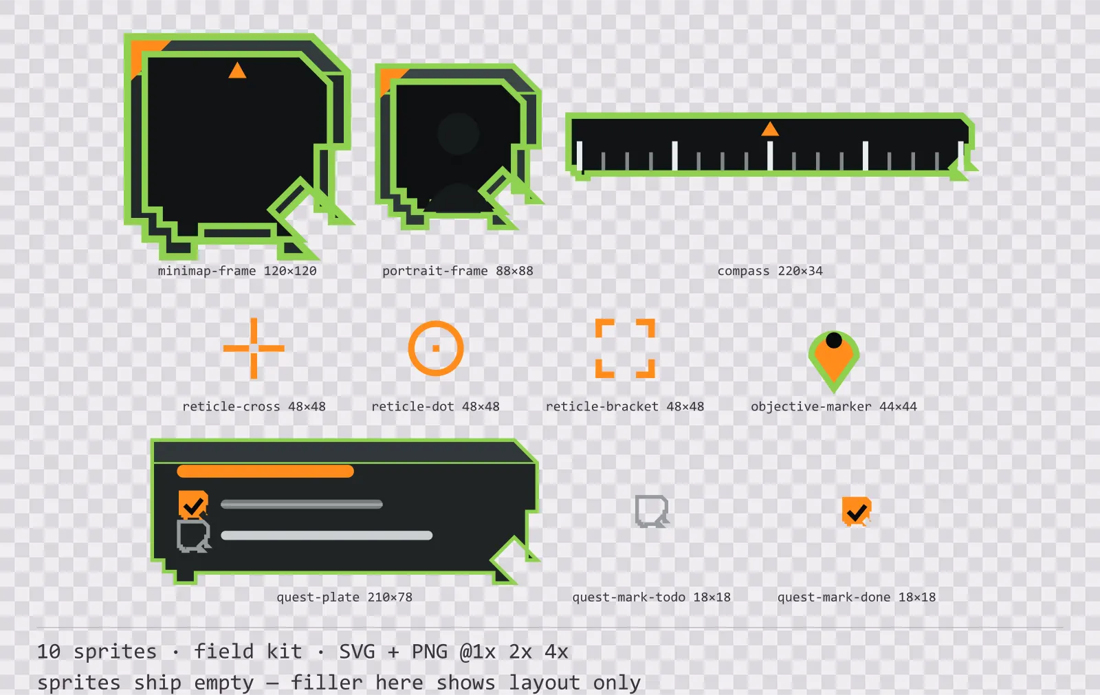 Sheet showing 10 field kit heads-up display frames from the Recon family, arranged on a transparency checkerboard with their pixel sizes printed underneath