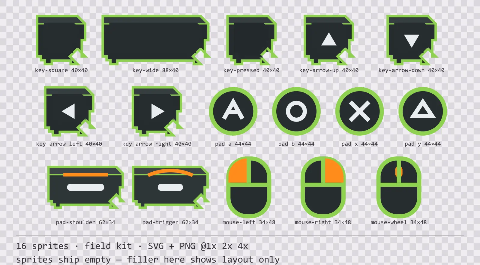 Sheet showing 16 field kit input prompt sprites from the Recon family, arranged on a transparency checkerboard with their pixel sizes printed underneath