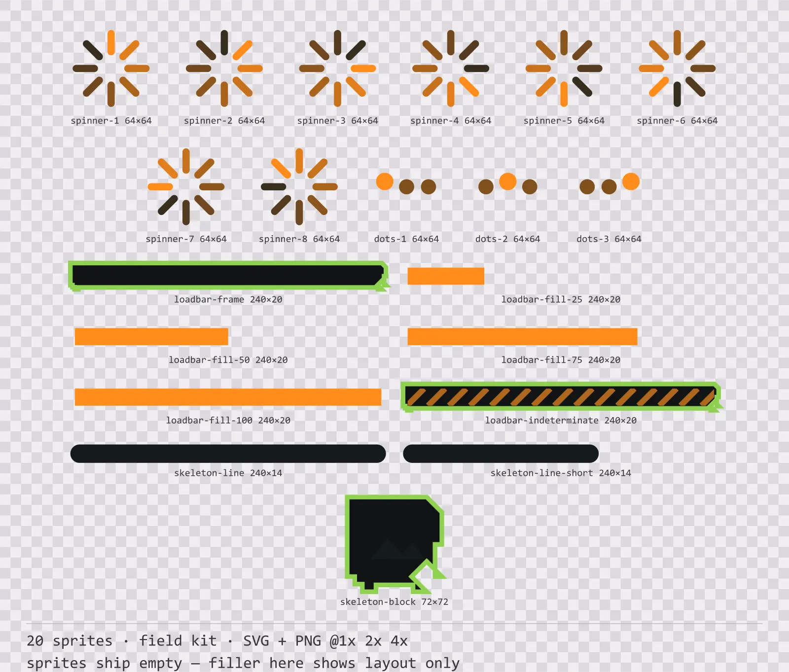 Sheet showing 20 field kit loading and waiting indicators from the Recon family, arranged on a transparency checkerboard with their pixel sizes printed underneath