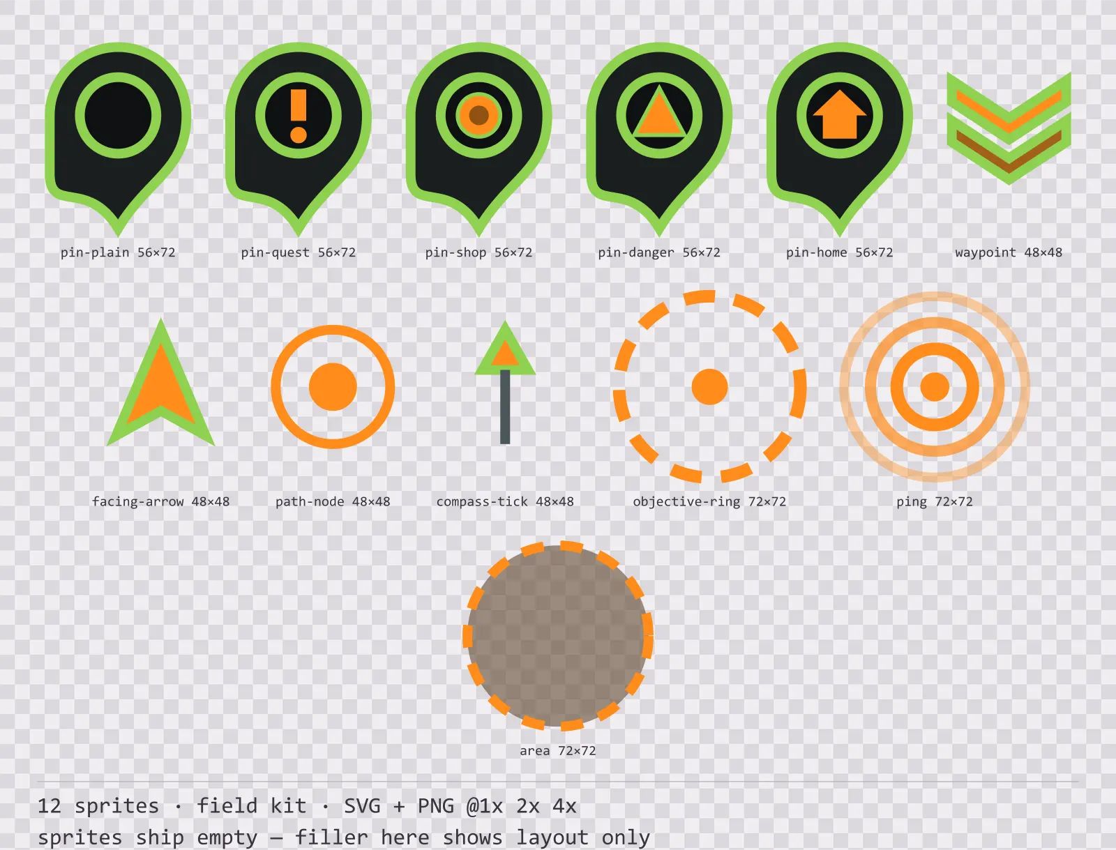 Sheet showing 12 field kit map markers and world indicators from the Recon family, arranged on a transparency checkerboard with their pixel sizes printed underneath