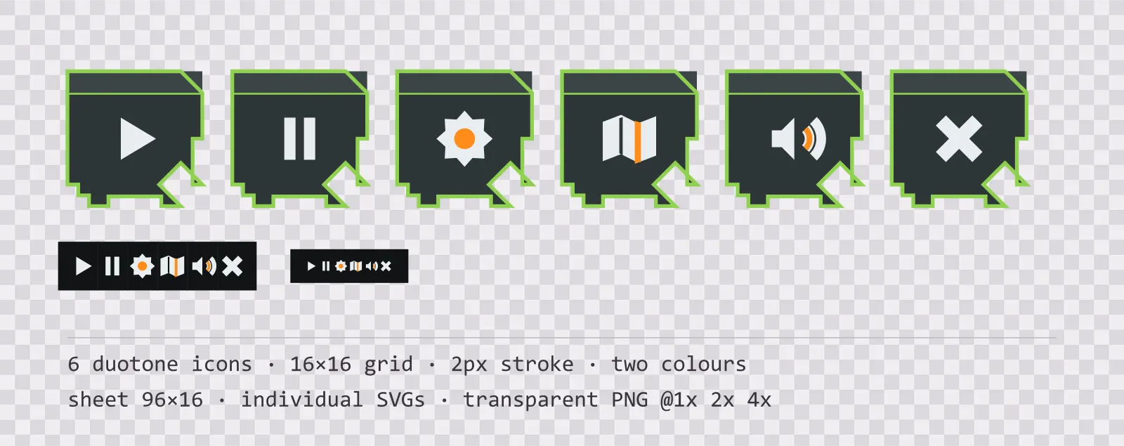 Six two-tone game menu icons on night optics tiles, shown large, laid out on a sheet grid, and again at actual 16 pixel size