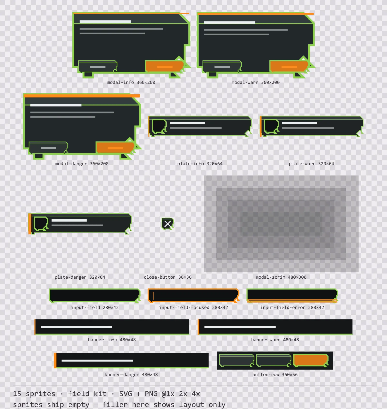 Sheet showing 15 field kit modal dialogs and system notices from the Recon family, arranged on a transparency checkerboard with their pixel sizes printed underneath