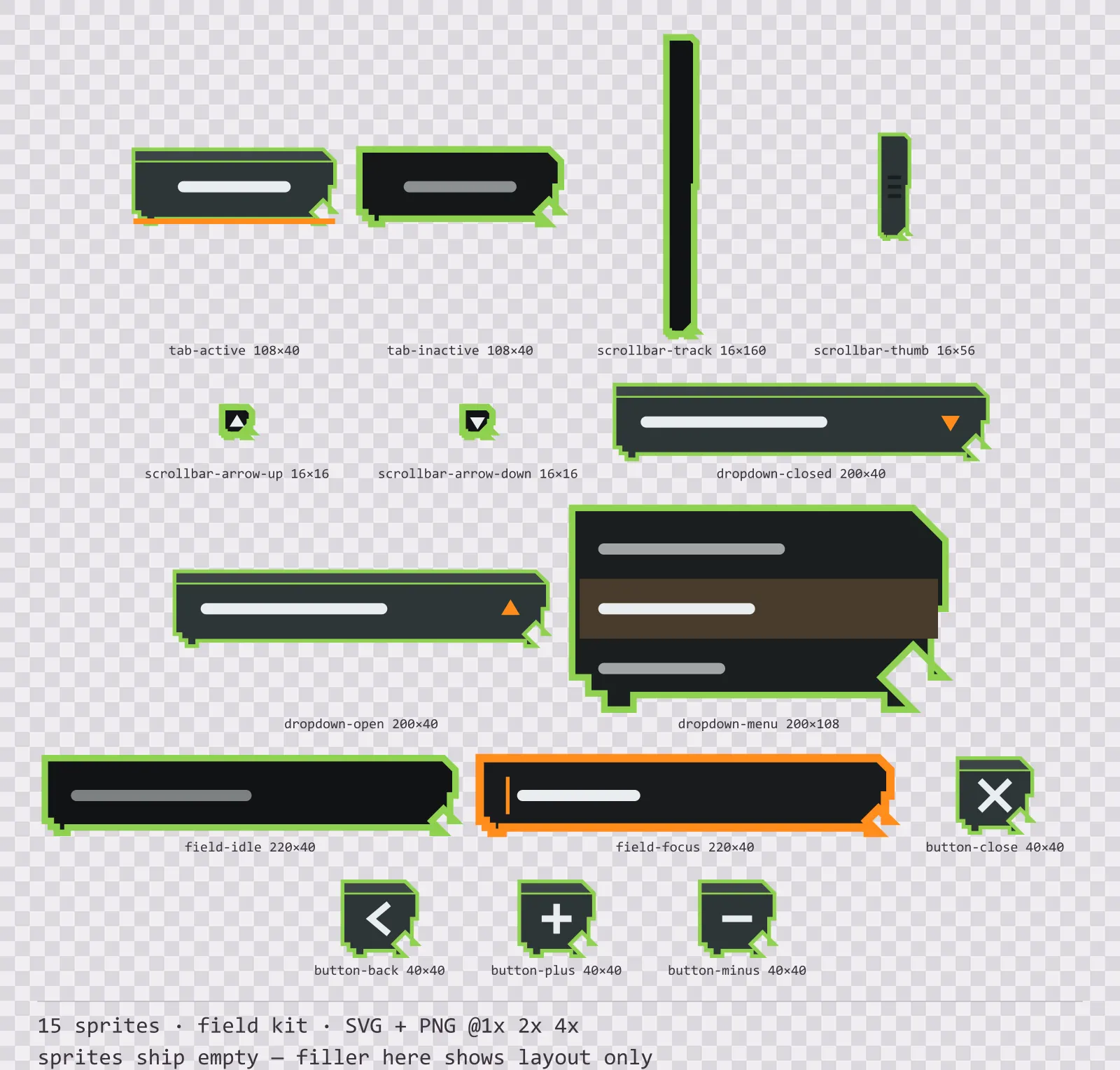 Sheet showing 15 field kit navigation and input components from the Recon family, arranged on a transparency checkerboard with their pixel sizes printed underneath