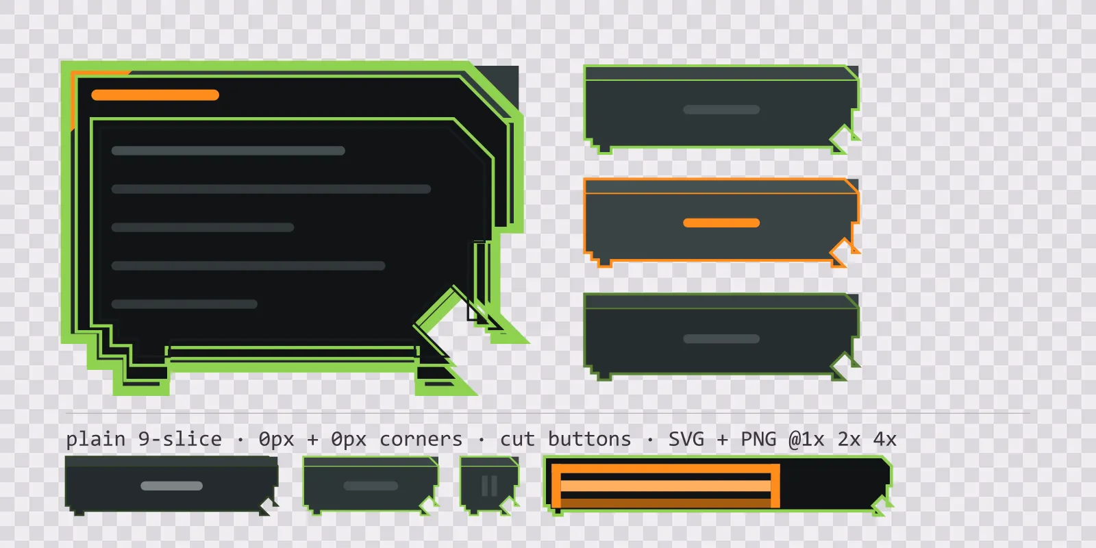 night optics game menu panel with a flare orange title strip and a recessed list area, next to a column showing the same chamfered button in default, outlined hover and pushed-in pressed states