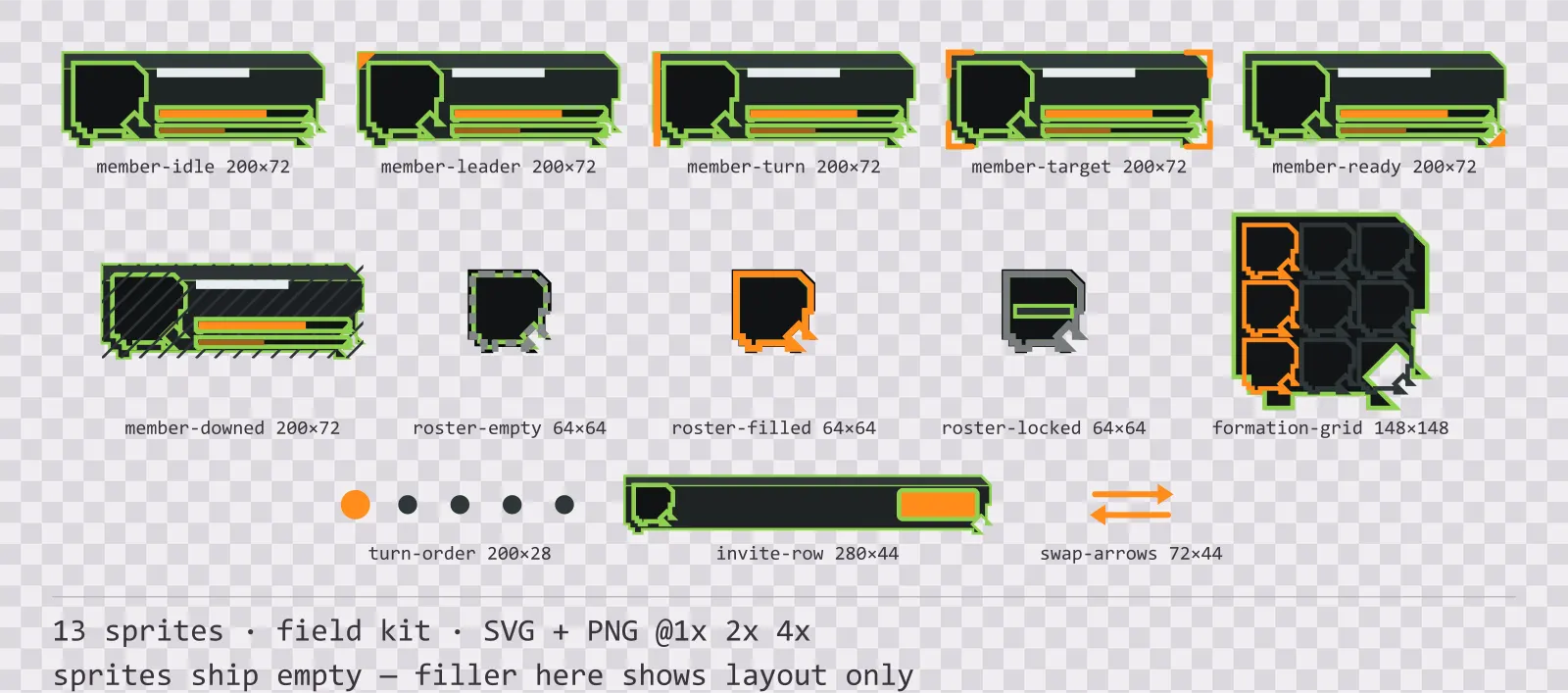 Sheet showing 13 field kit party and roster widgets from the Recon family, arranged on a transparency checkerboard with their pixel sizes printed underneath