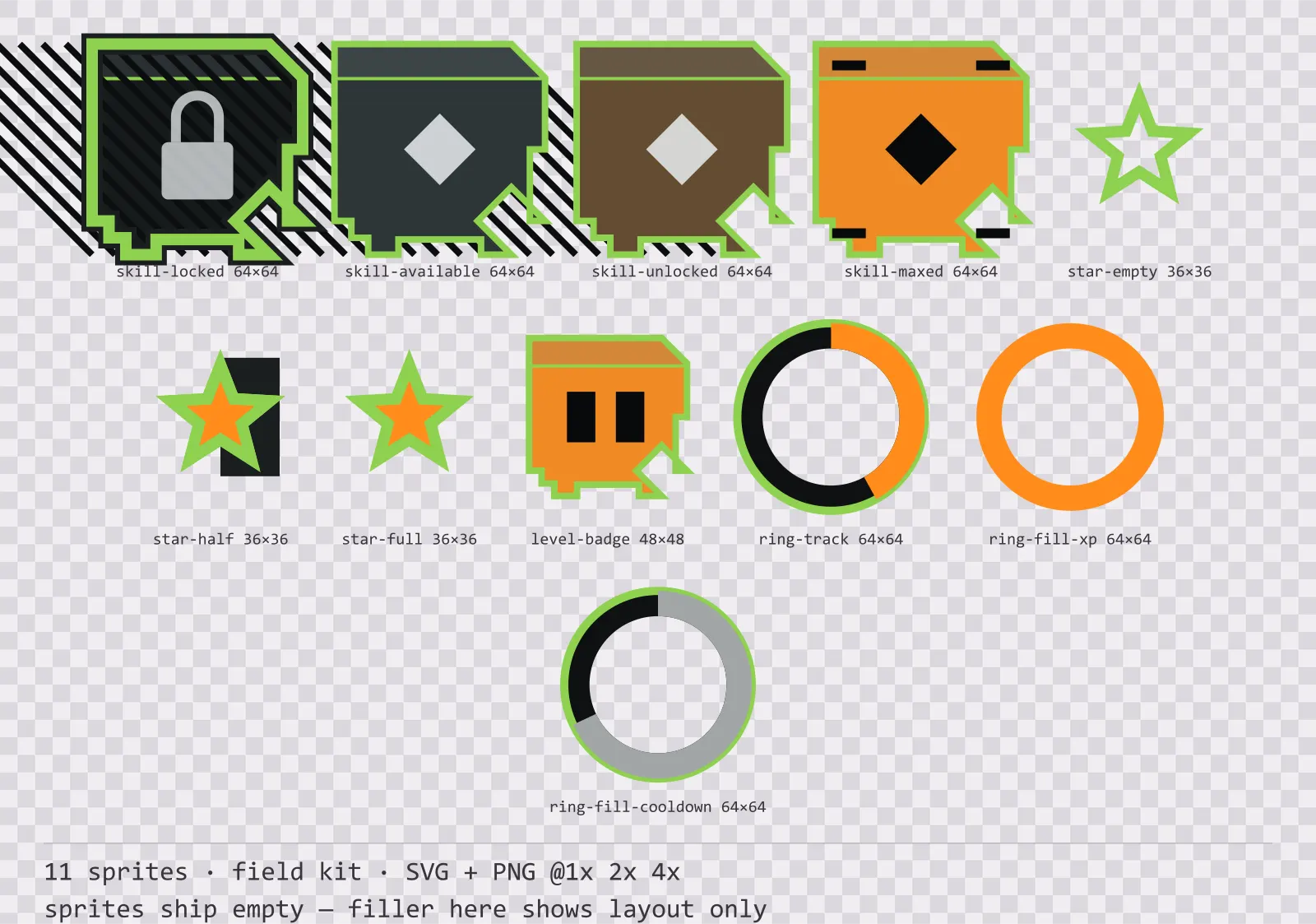 Sheet showing 11 field kit progression and reward components from the Recon family, arranged on a transparency checkerboard with their pixel sizes printed underneath