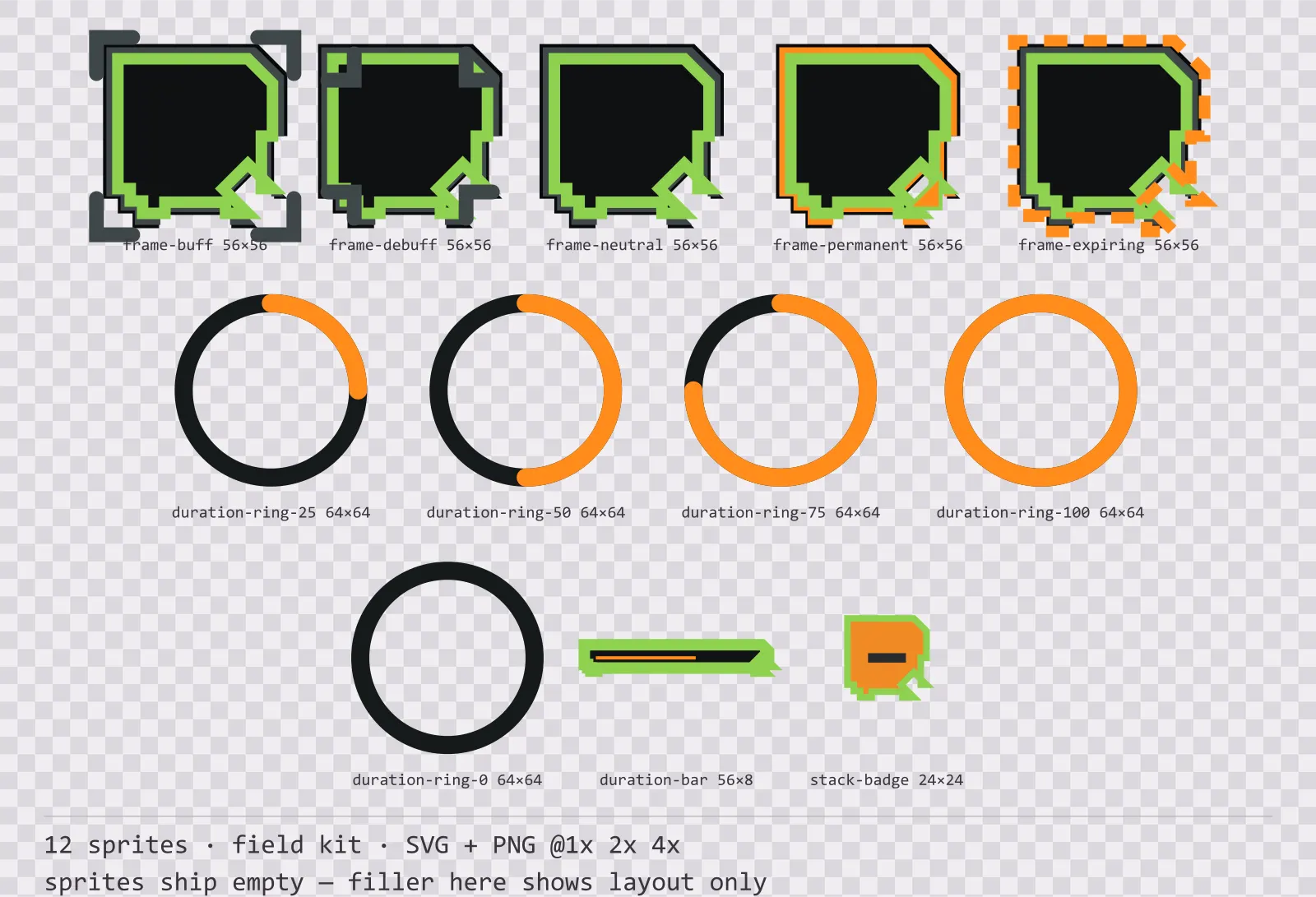 Sheet showing 12 field kit status effect frames and duration indicators from the Recon family, arranged on a transparency checkerboard with their pixel sizes printed underneath