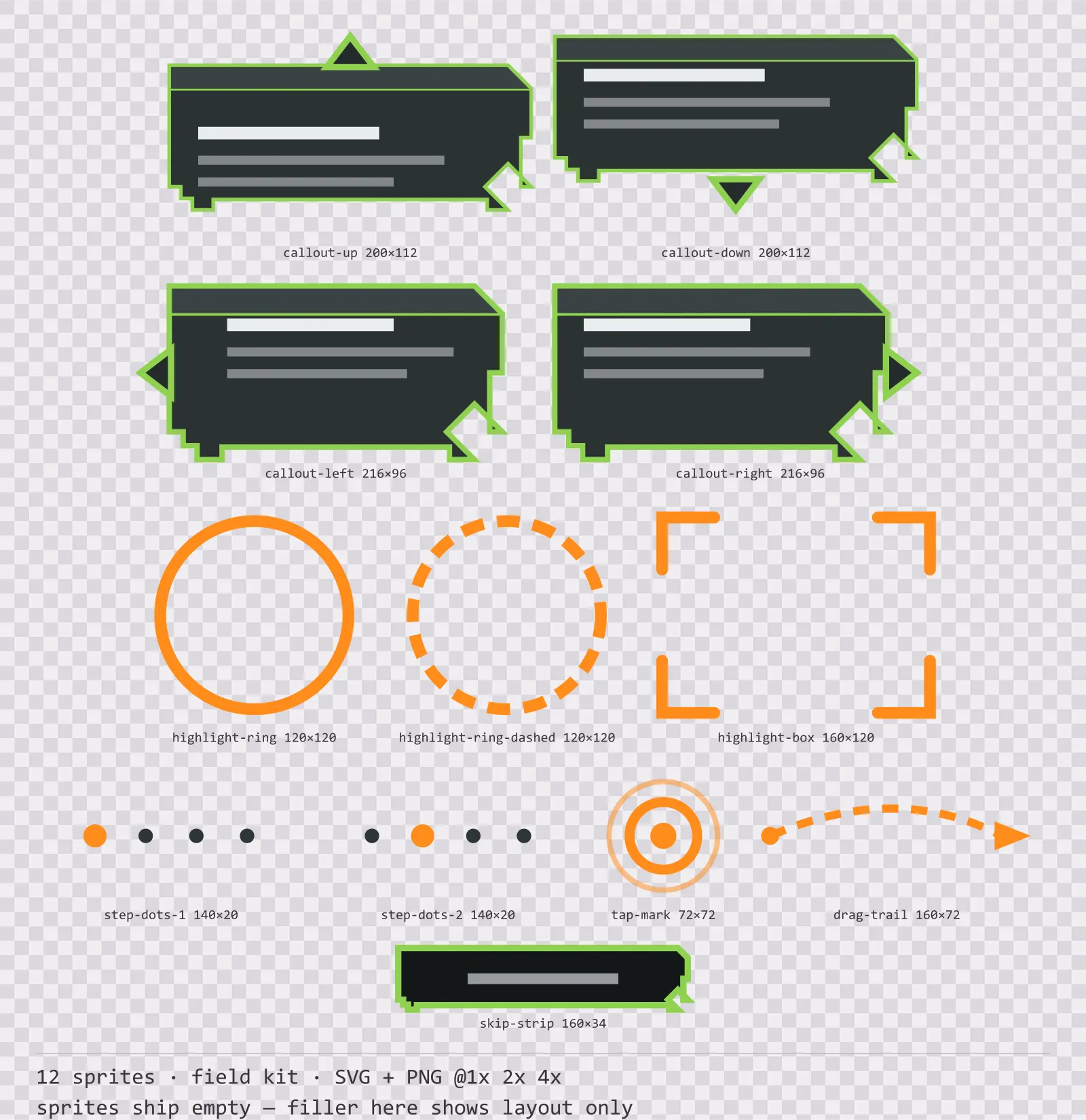 Sheet showing 12 field kit tutorial and onboarding markers from the Recon family, arranged on a transparency checkerboard with their pixel sizes printed underneath