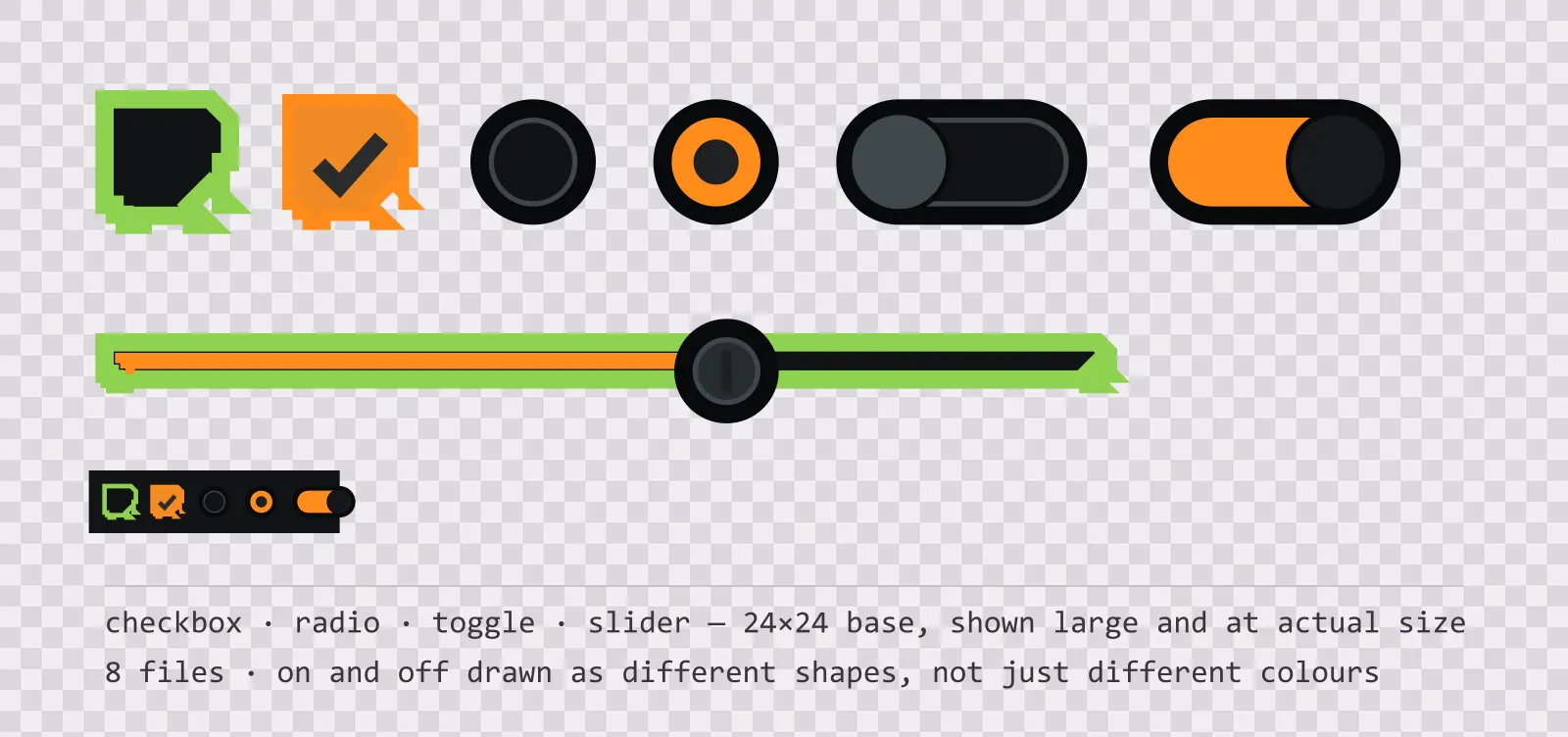 Game settings controls on a checkerboard background — an empty and a ticked checkbox, an unselected and a selected radio button, a toggle switch shown off and on, and a slider track with its knob