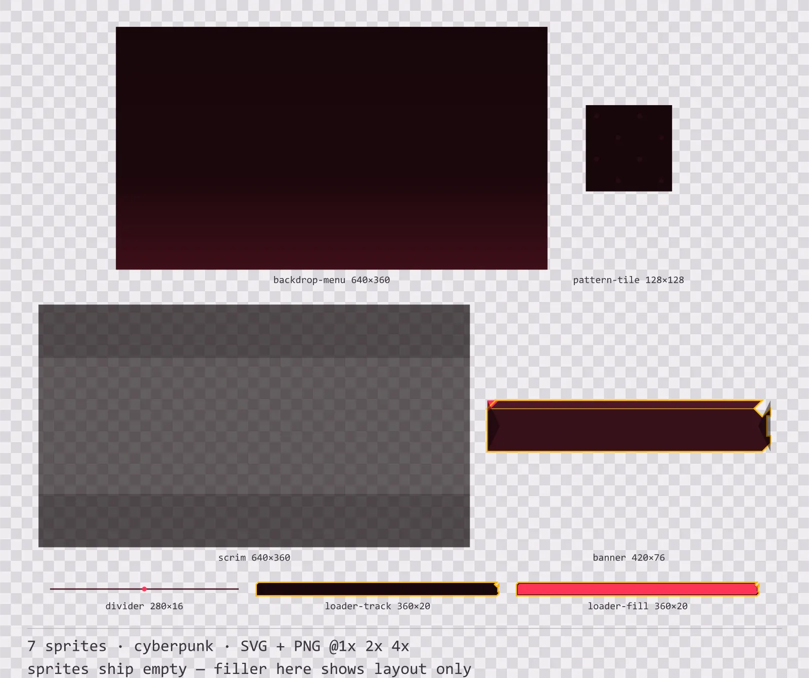 Sheet showing 7 cyberpunk background and overlay pieces from the Redline family, arranged on a transparency checkerboard with their pixel sizes printed underneath