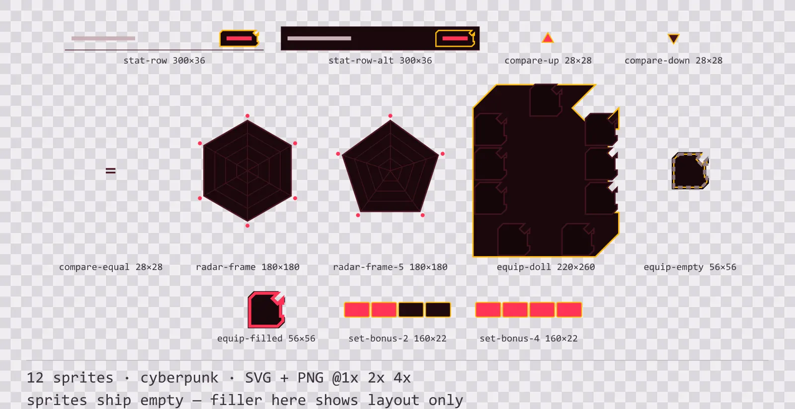 Sheet showing 12 cyberpunk character sheet and stat widgets from the Redline family, arranged on a transparency checkerboard with their pixel sizes printed underneath