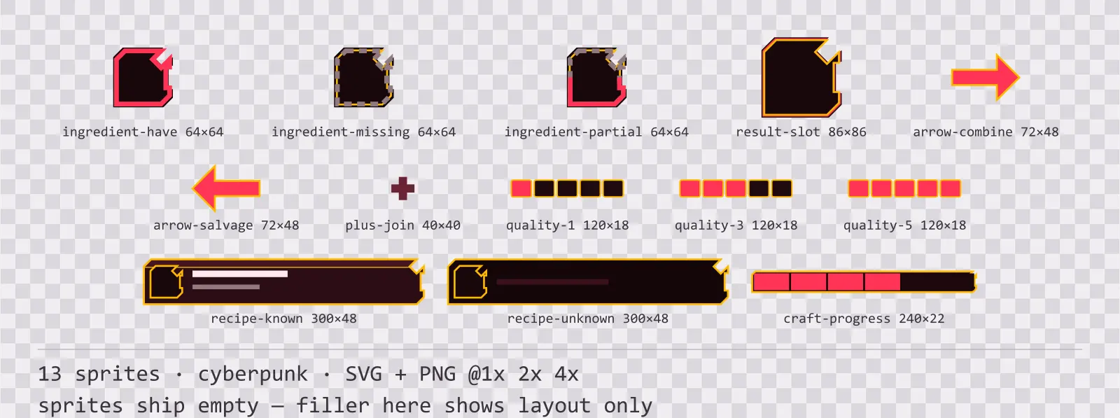 Sheet showing 13 cyberpunk crafting and recipe widgets from the Redline family, arranged on a transparency checkerboard with their pixel sizes printed underneath