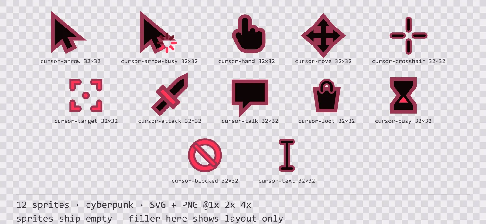 Sheet showing 12 cyberpunk mouse cursors from the Redline family, arranged on a transparency checkerboard with their pixel sizes printed underneath