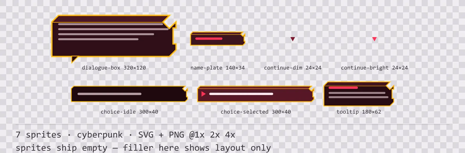 Sheet showing 7 cyberpunk dialogue components from the Redline family, arranged on a transparency checkerboard with their pixel sizes printed underneath