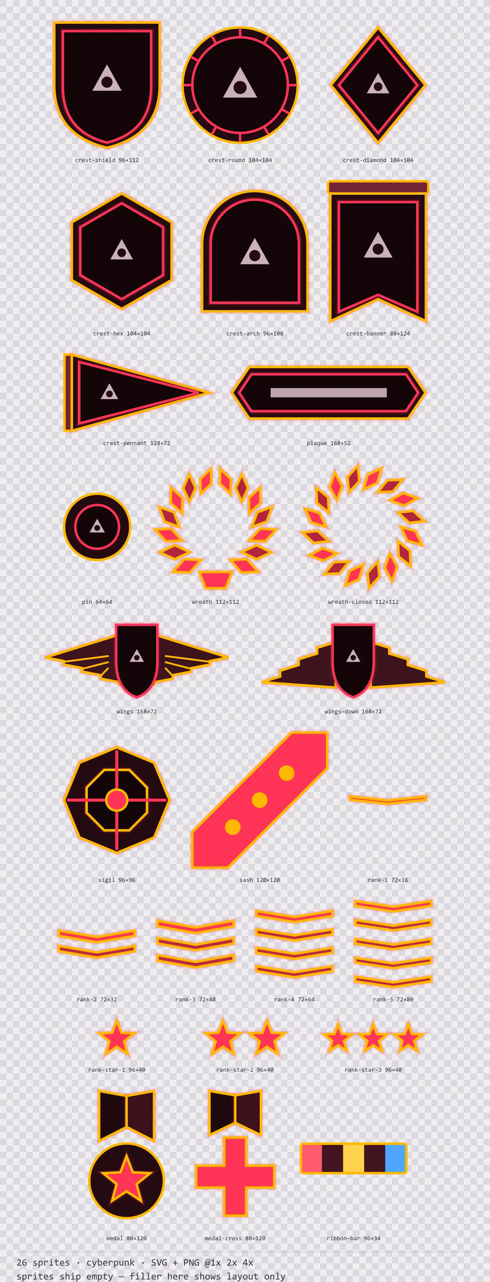 Blatt mit 26 Wappen, Abzeichen und Rangmarken (Cyberpunk) aus der Familie Redline, angeordnet auf einem Transparenz-Schachbrett, mit den Pixelmaßen darunter