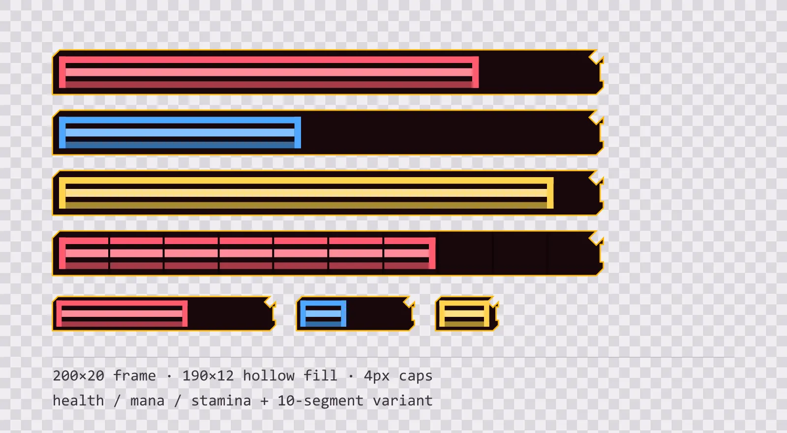 Three horizontal game status bars stacked on a checkerboard background, filled to different levels for health, mana and stamina, with a segmented 10-notch bar and three smaller bars beneath them