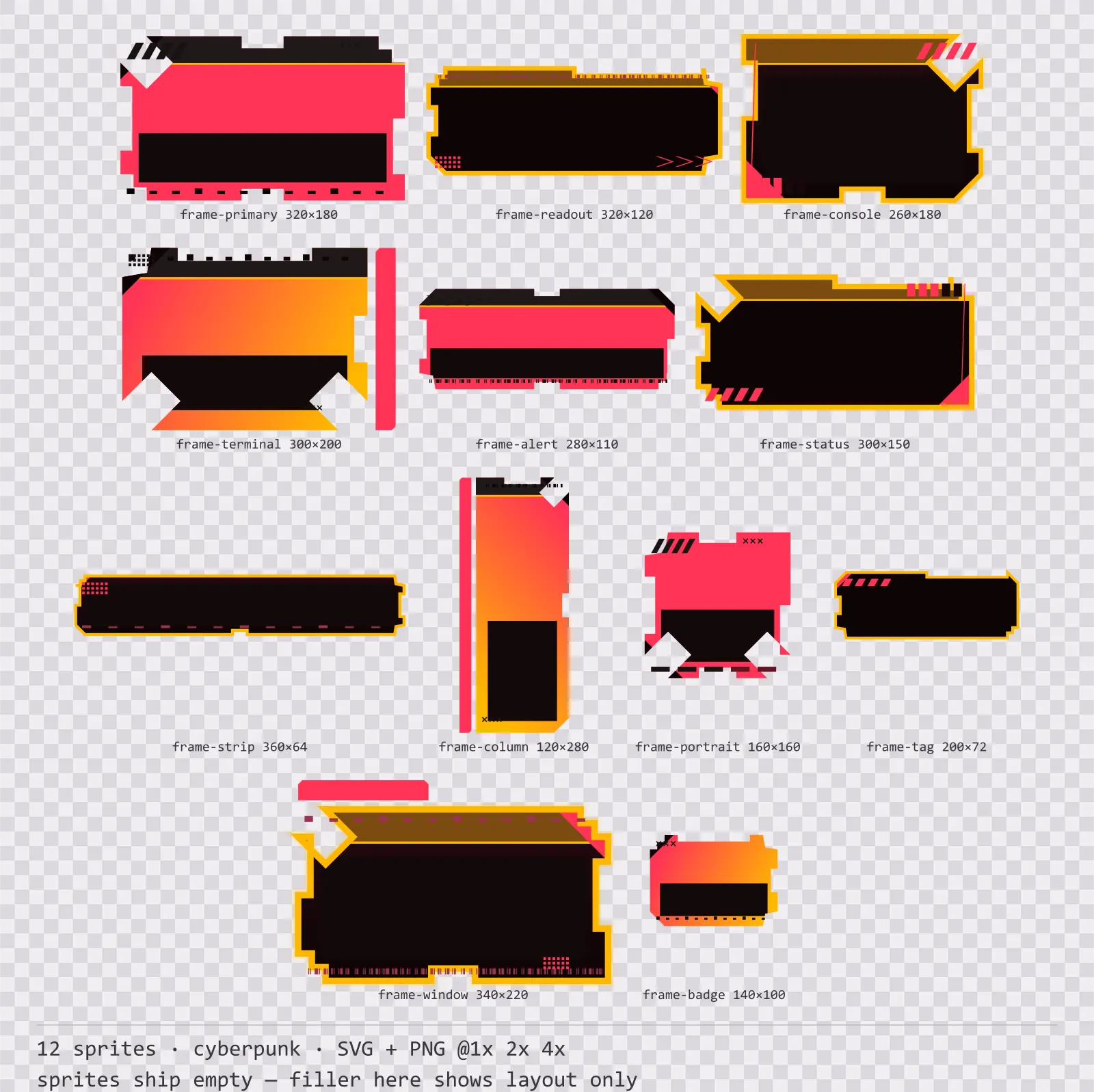 Sheet showing 12 cyberpunk HUD frames from the Redline family, arranged on a transparency checkerboard with their pixel sizes printed underneath