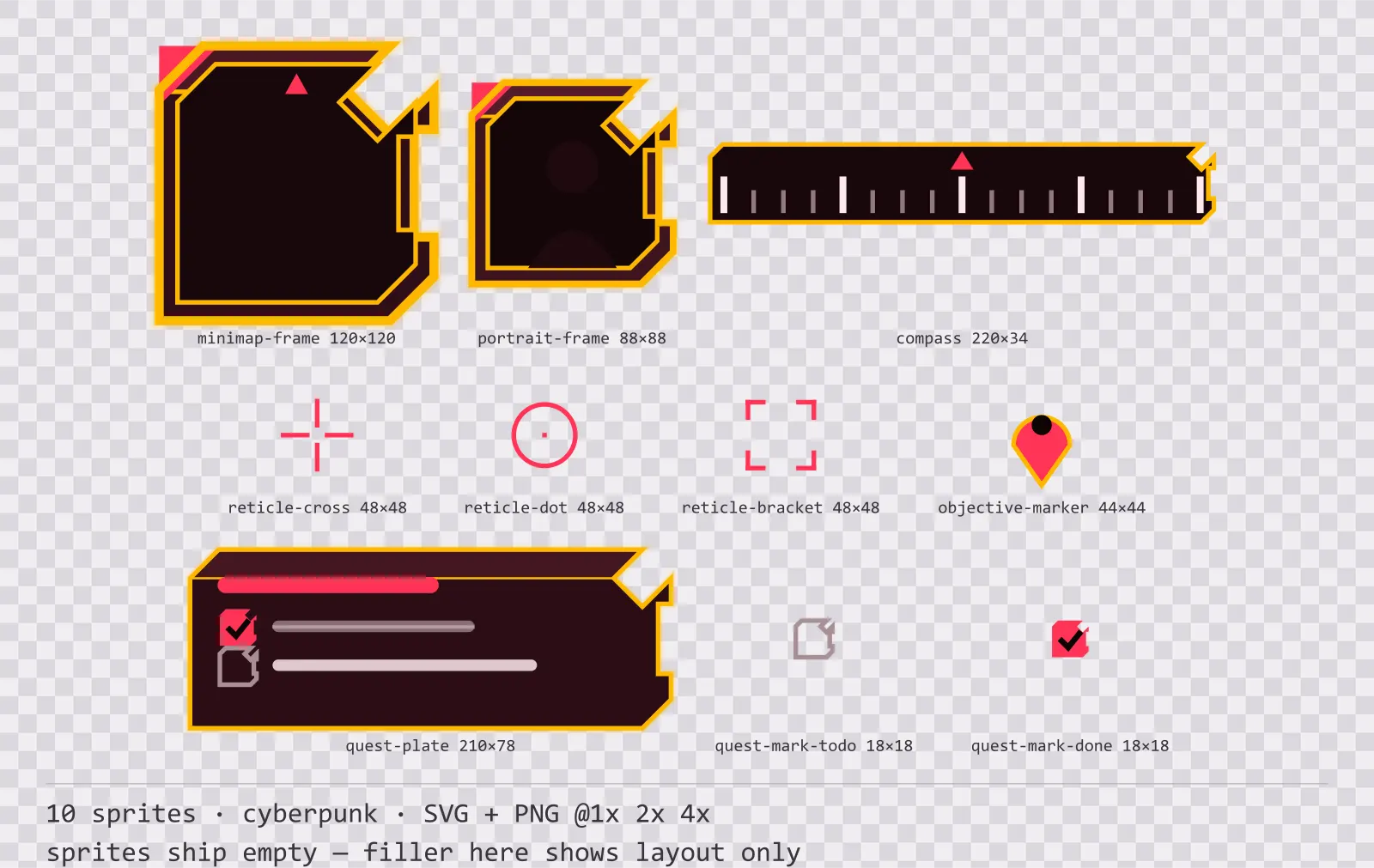 Sheet showing 10 cyberpunk heads-up display frames from the Redline family, arranged on a transparency checkerboard with their pixel sizes printed underneath
