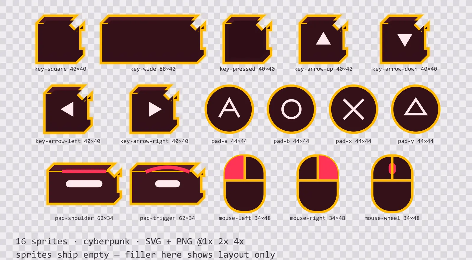 Sheet showing 16 cyberpunk input prompt sprites from the Redline family, arranged on a transparency checkerboard with their pixel sizes printed underneath