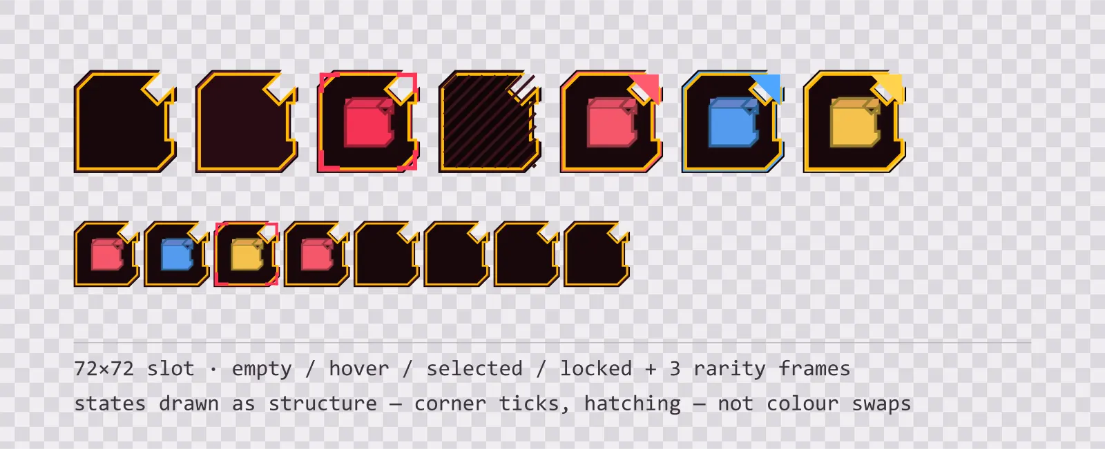 A row of square game inventory slots on a checkerboard background showing empty, hover, selected with corner ticks, and diagonally hatched locked states, followed by coloured rarity frames and a tiled eight-slot grid