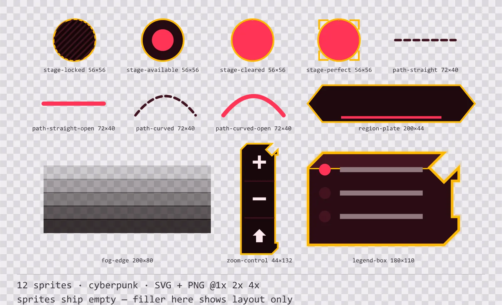 Sheet showing 12 cyberpunk level select and world map pieces from the Redline family, arranged on a transparency checkerboard with their pixel sizes printed underneath