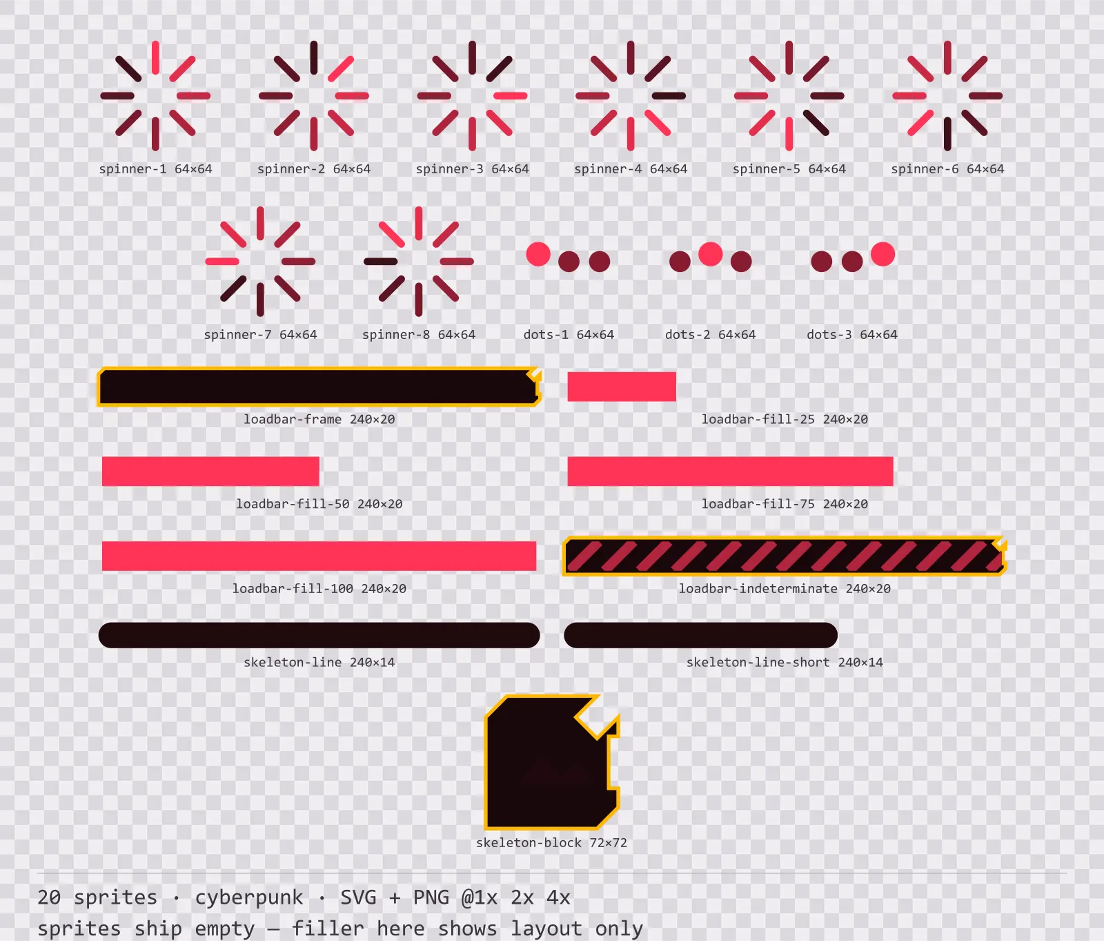 Sheet showing 20 cyberpunk loading and waiting indicators from the Redline family, arranged on a transparency checkerboard with their pixel sizes printed underneath