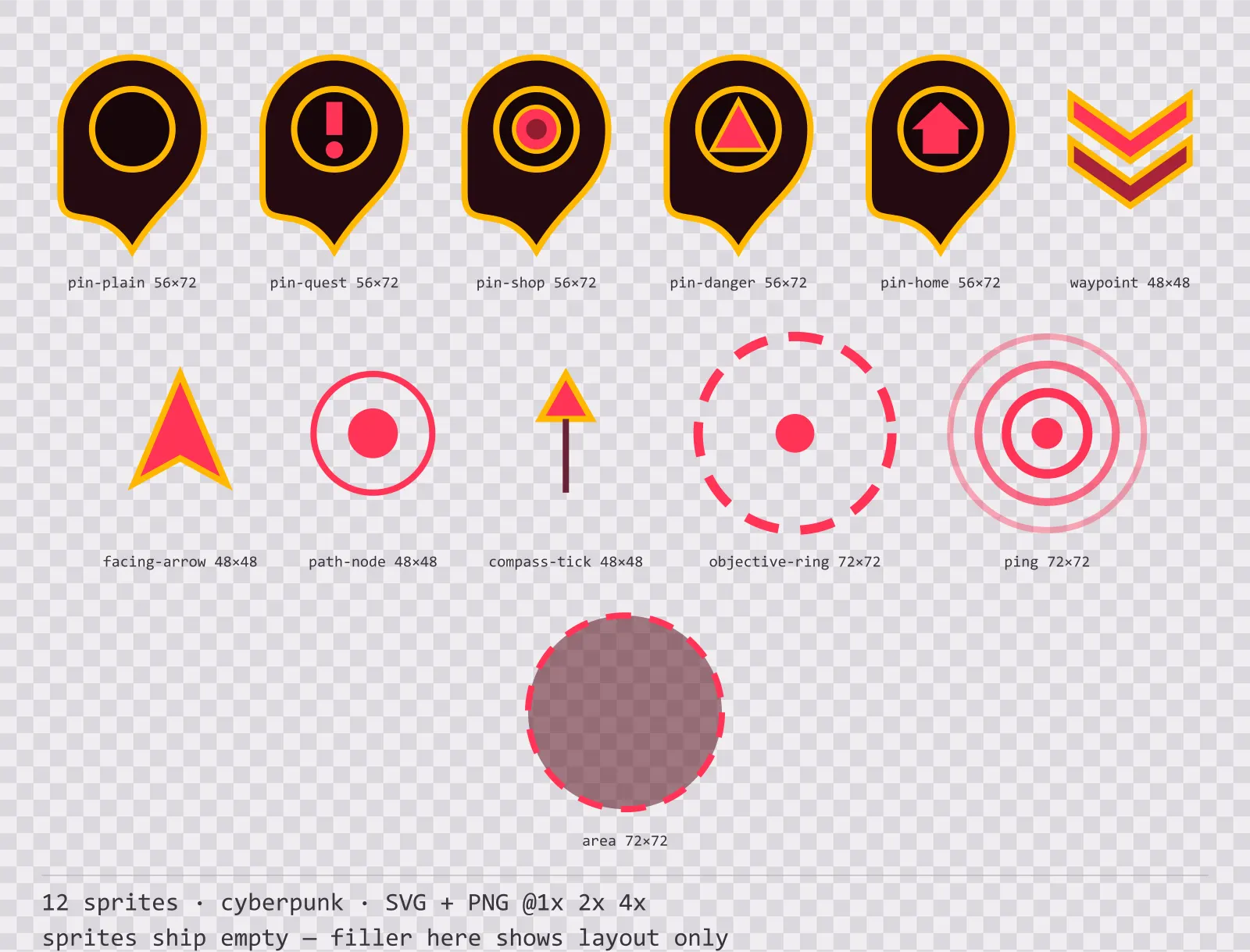 Sheet showing 12 cyberpunk map markers and world indicators from the Redline family, arranged on a transparency checkerboard with their pixel sizes printed underneath