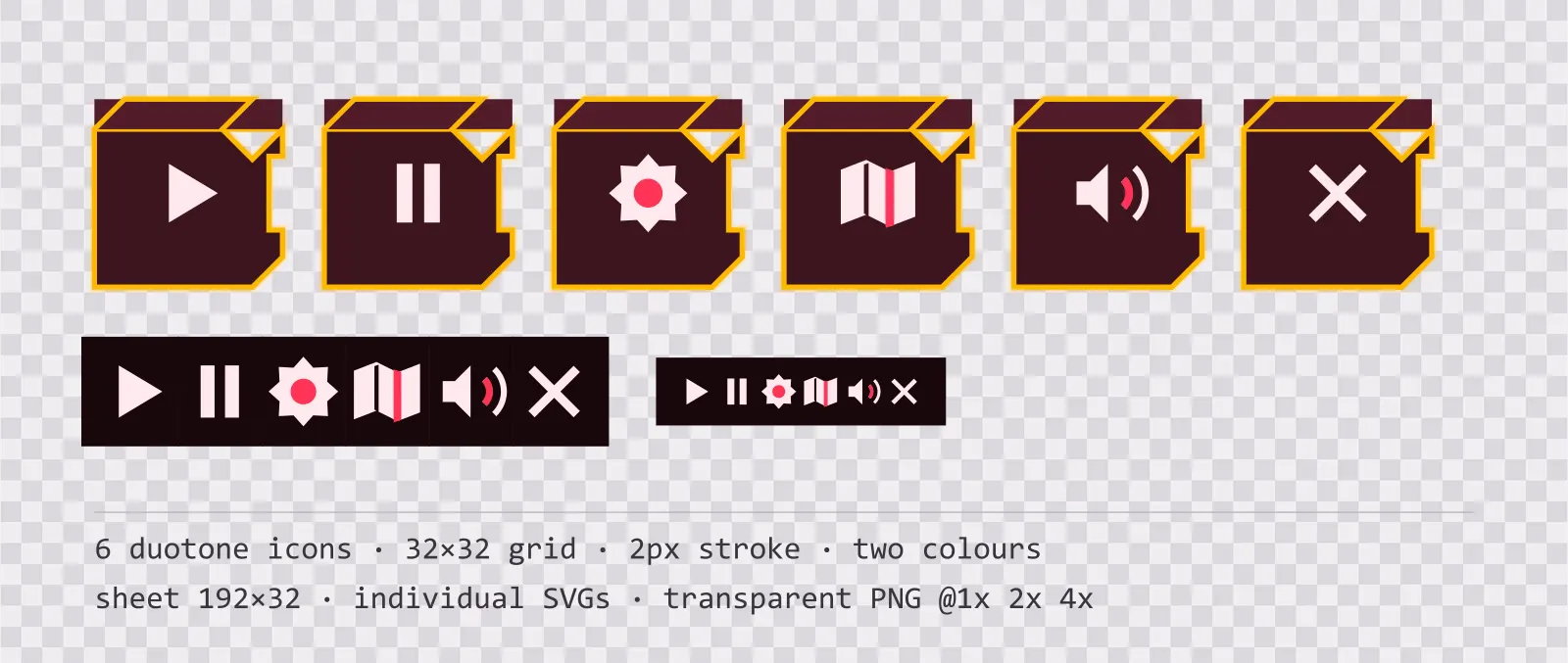 Six two-tone game menu icons on alarm red tiles, shown large, laid out on a sheet grid, and again at actual 32 pixel size
