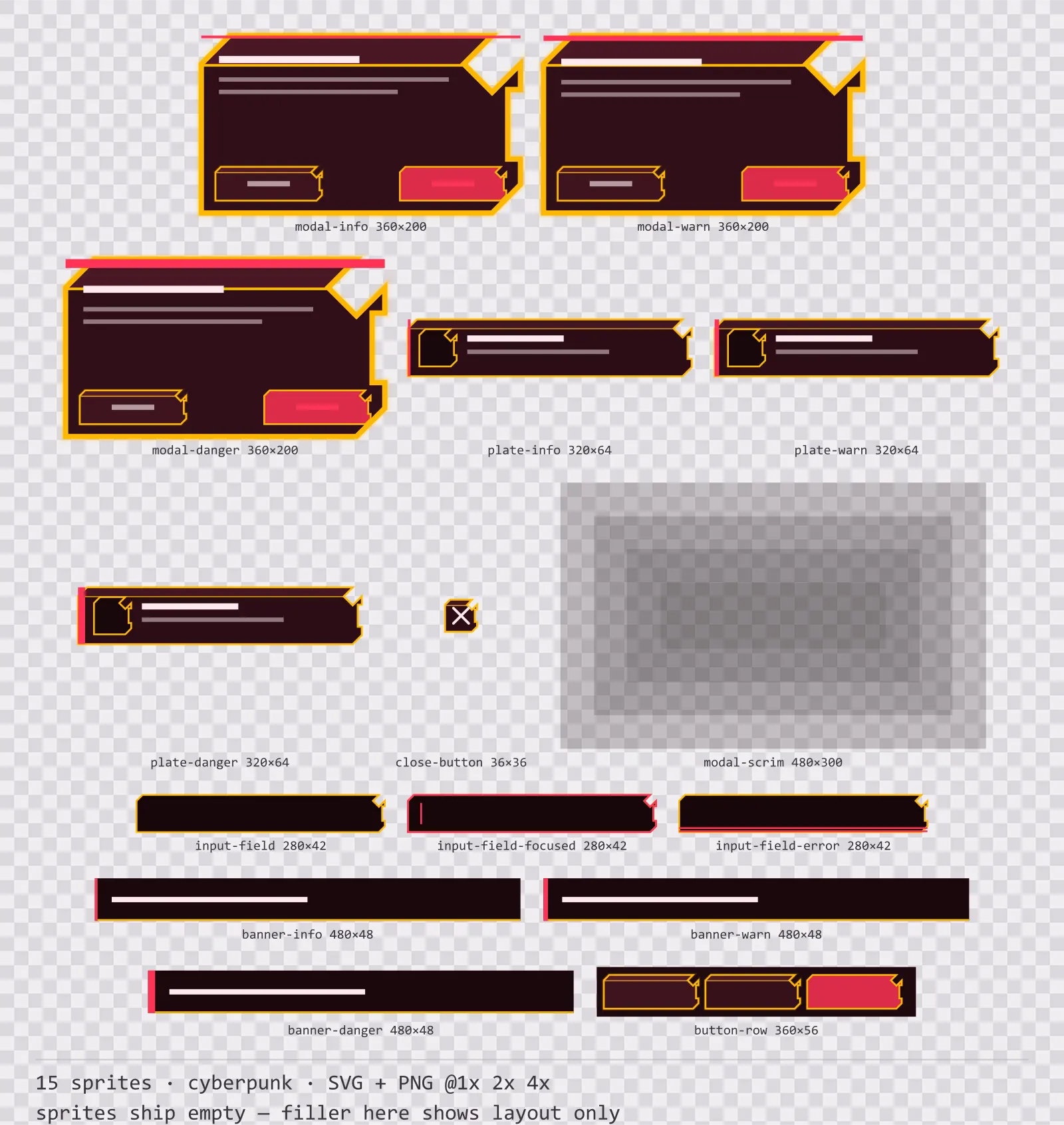Sheet showing 15 cyberpunk modal dialogs and system notices from the Redline family, arranged on a transparency checkerboard with their pixel sizes printed underneath