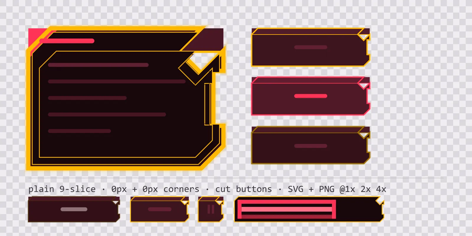 alarm red game menu panel with a warning amber title strip and a recessed list area, next to a column showing the same chamfered button in default, outlined hover and pushed-in pressed states