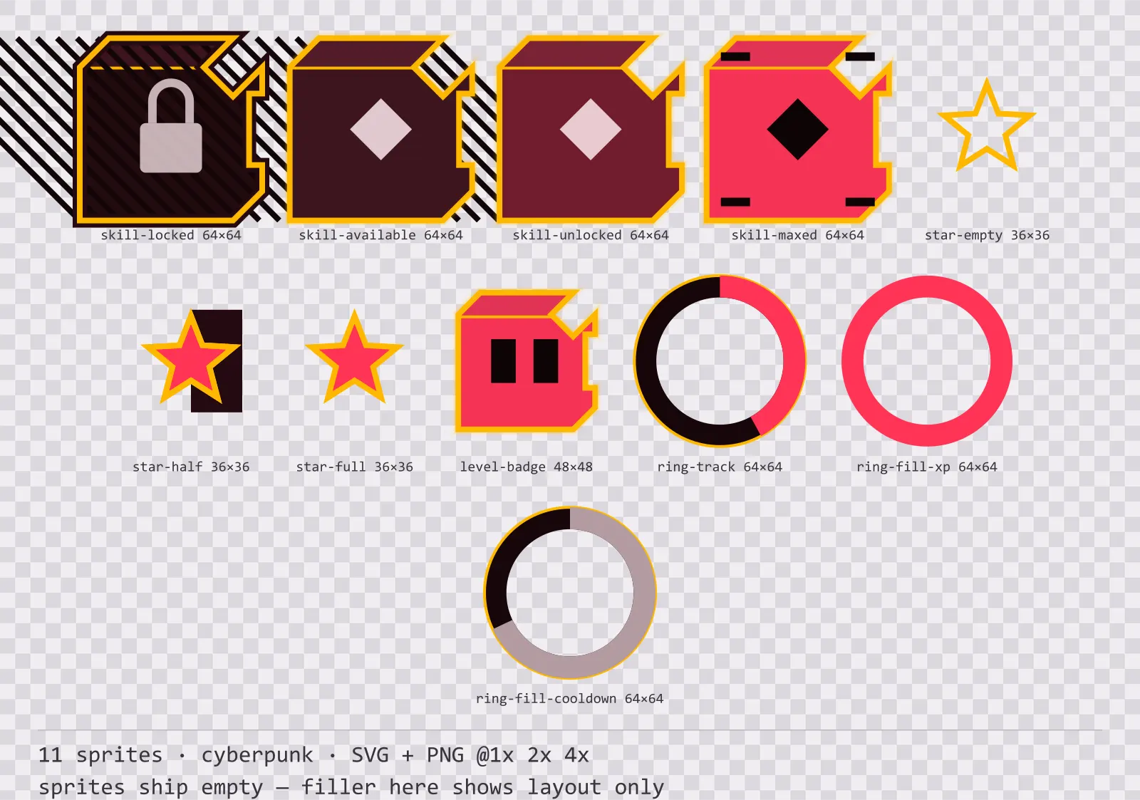 Sheet showing 11 cyberpunk progression and reward components from the Redline family, arranged on a transparency checkerboard with their pixel sizes printed underneath