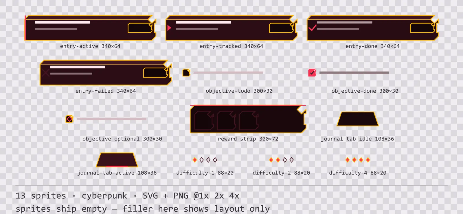 Sheet showing 13 cyberpunk quest log and objective widgets from the Redline family, arranged on a transparency checkerboard with their pixel sizes printed underneath