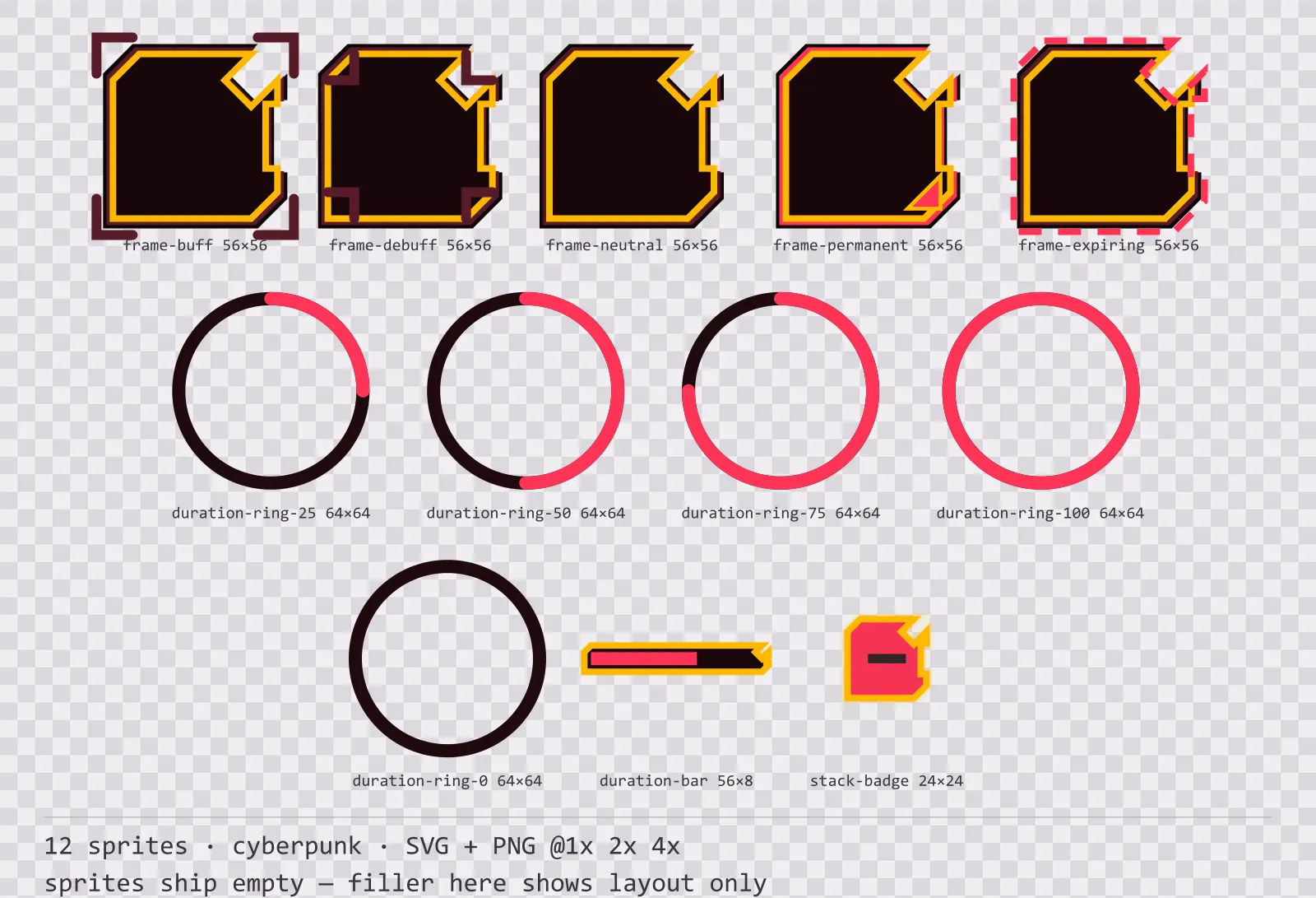 Sheet showing 12 cyberpunk status effect frames and duration indicators from the Redline family, arranged on a transparency checkerboard with their pixel sizes printed underneath