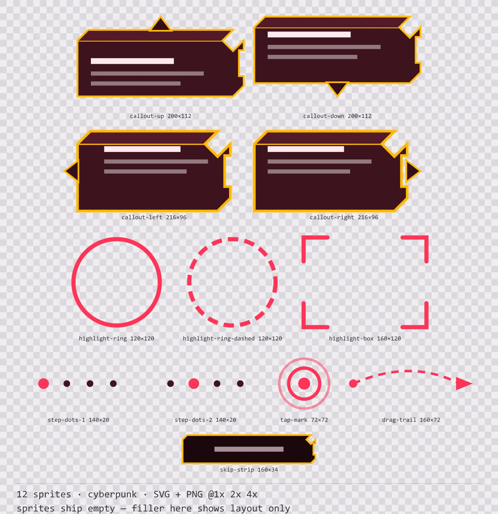 Sheet showing 12 cyberpunk tutorial and onboarding markers from the Redline family, arranged on a transparency checkerboard with their pixel sizes printed underneath