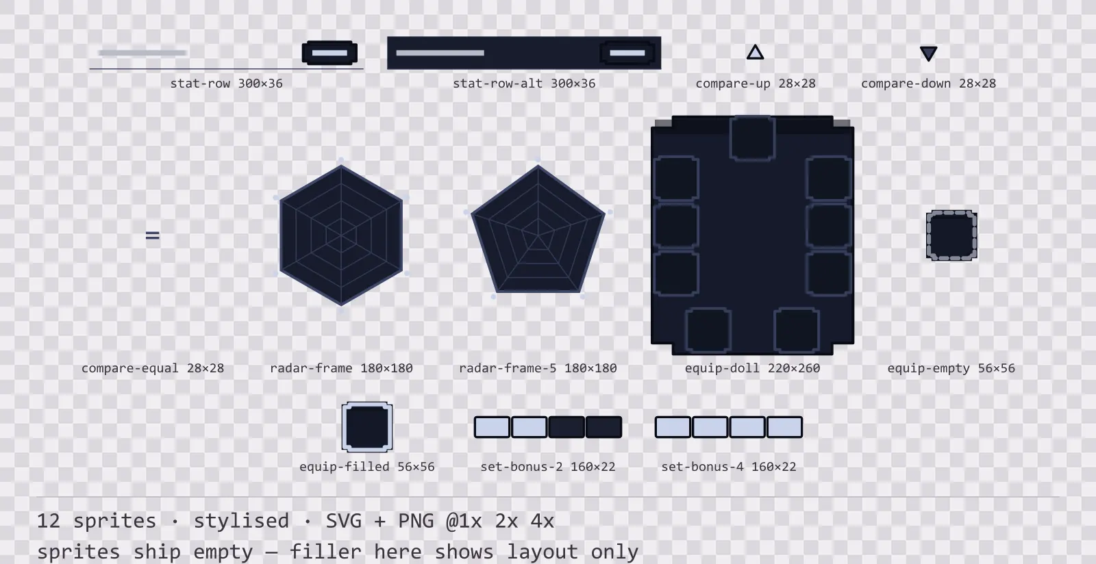 Sheet showing 12 stylised character sheet and stat widgets from the Reliquary family, arranged on a transparency checkerboard with their pixel sizes printed underneath