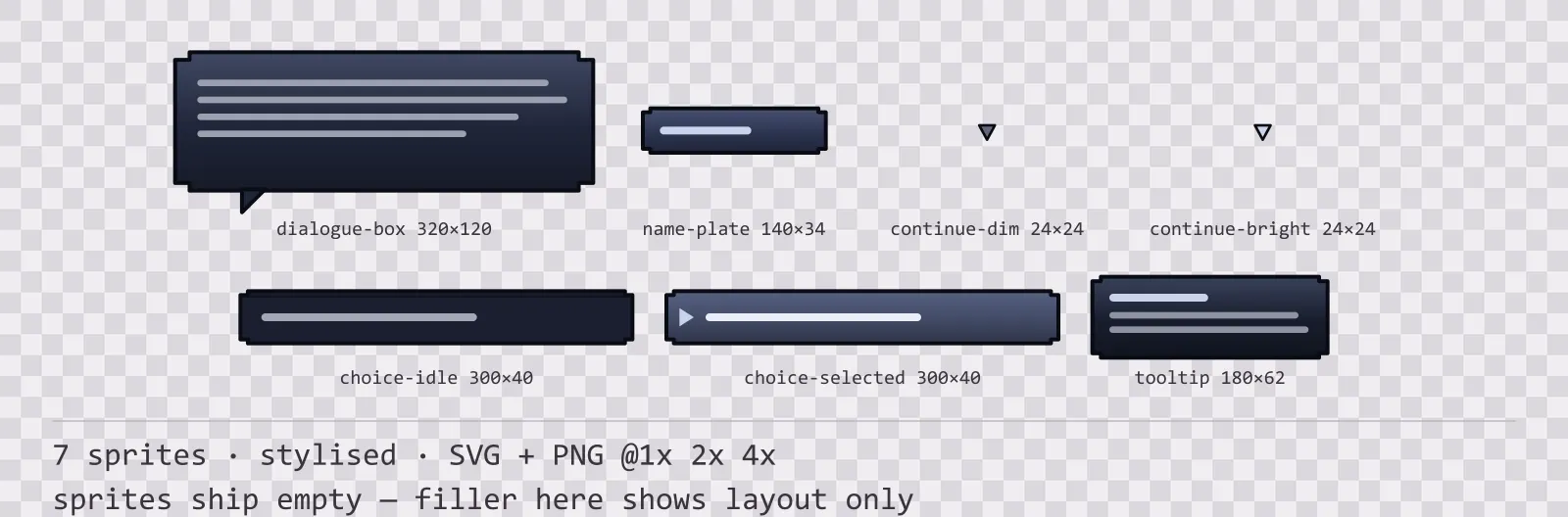 Sheet showing 7 stylised dialogue components from the Reliquary family, arranged on a transparency checkerboard with their pixel sizes printed underneath