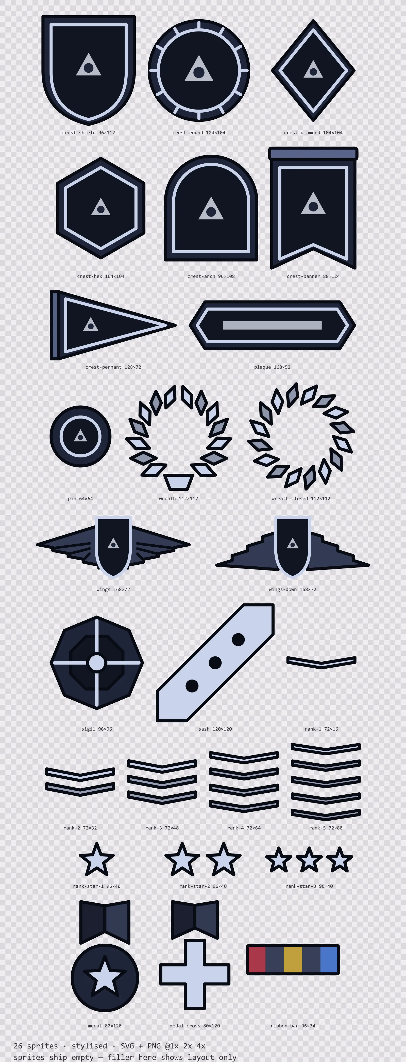 Sheet showing 26 stylised crests, insignia and rank marks from the Reliquary family, arranged on a transparency checkerboard with their pixel sizes printed underneath