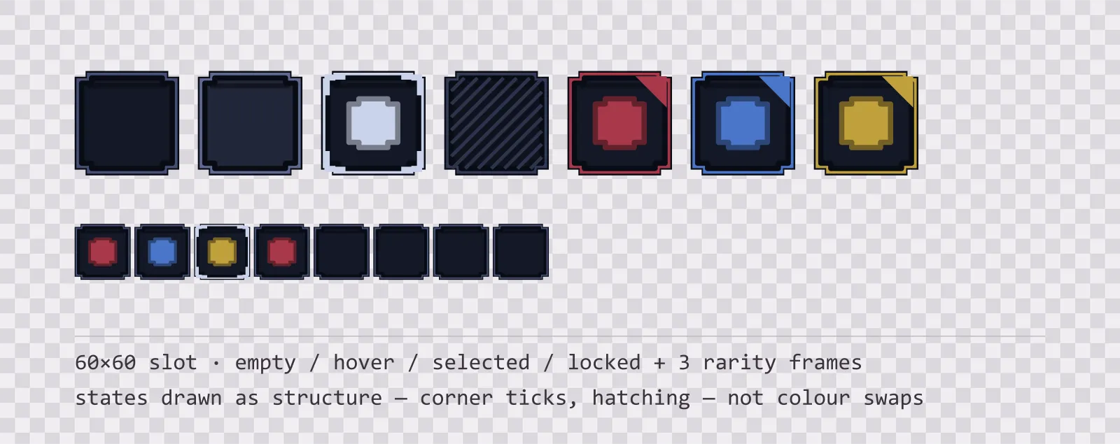 A row of square game inventory slots on a checkerboard background showing empty, hover, selected with corner ticks, and diagonally hatched locked states, followed by coloured rarity frames and a tiled eight-slot grid