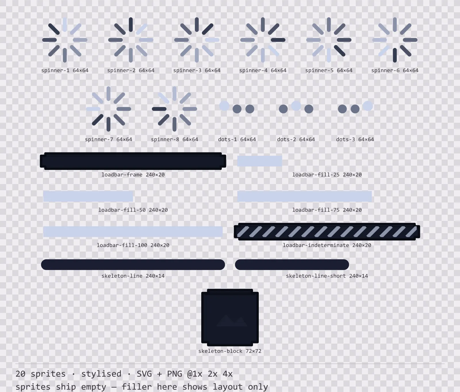 Sheet showing 20 stylised loading and waiting indicators from the Reliquary family, arranged on a transparency checkerboard with their pixel sizes printed underneath