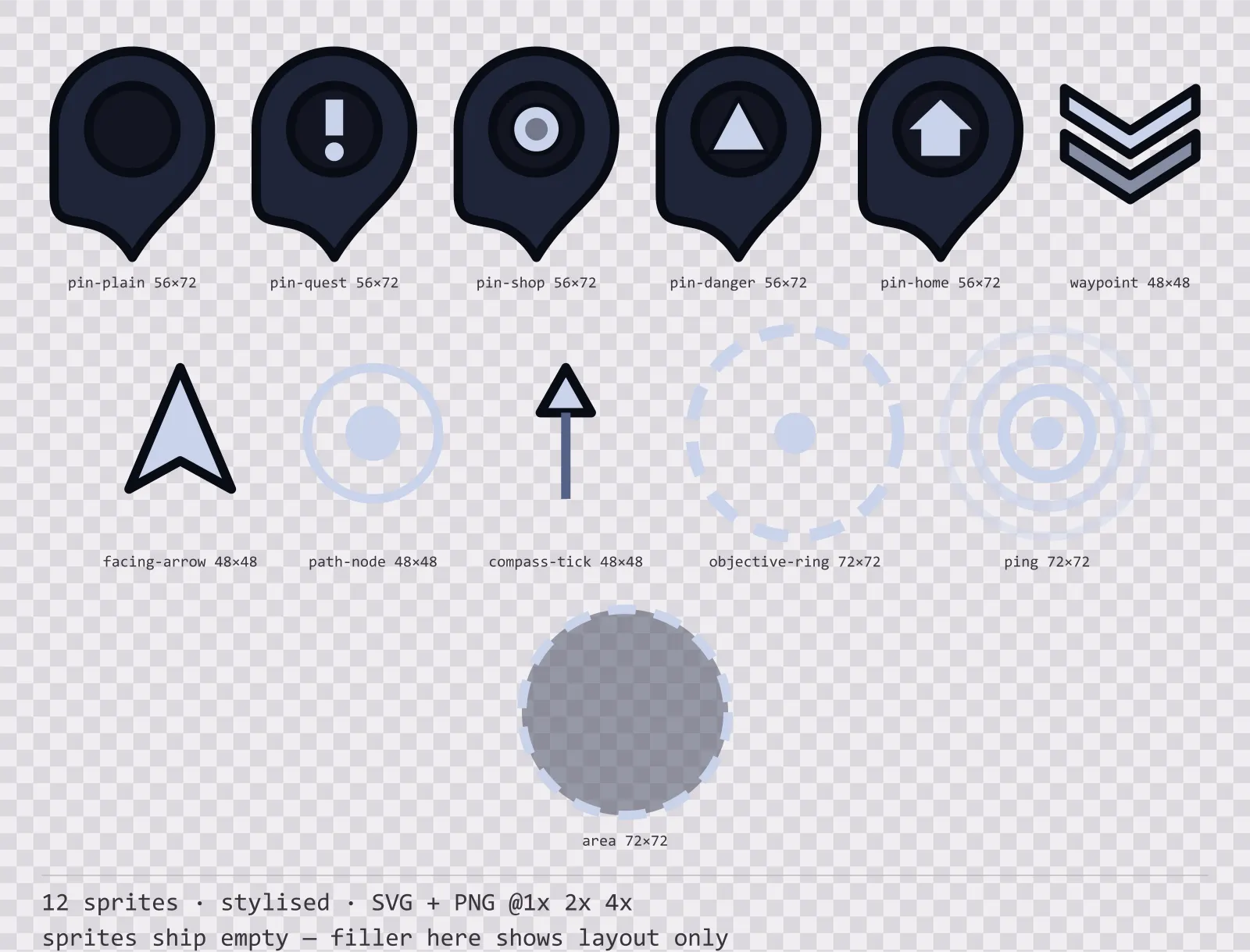 Sheet showing 12 stylised map markers and world indicators from the Reliquary family, arranged on a transparency checkerboard with their pixel sizes printed underneath