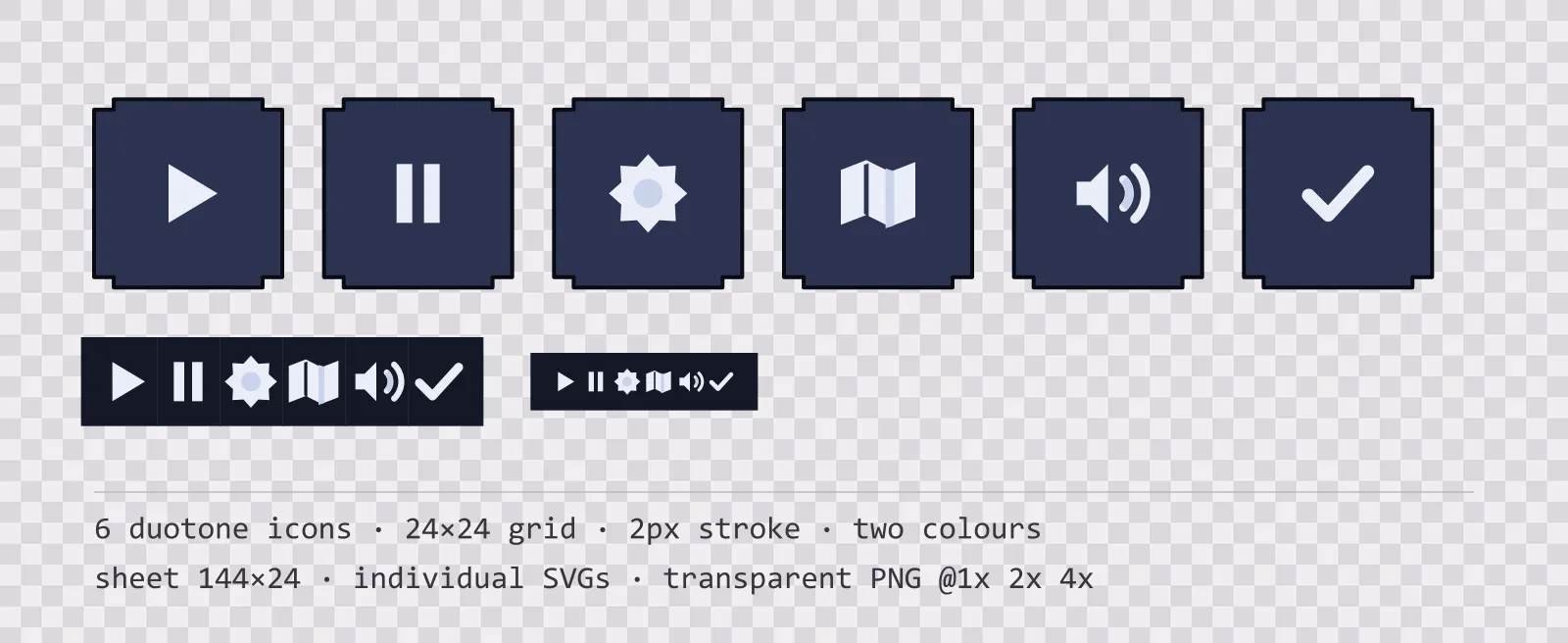 Six two-tone game menu icons on cold stone tiles, shown large, laid out on a sheet grid, and again at actual 24 pixel size