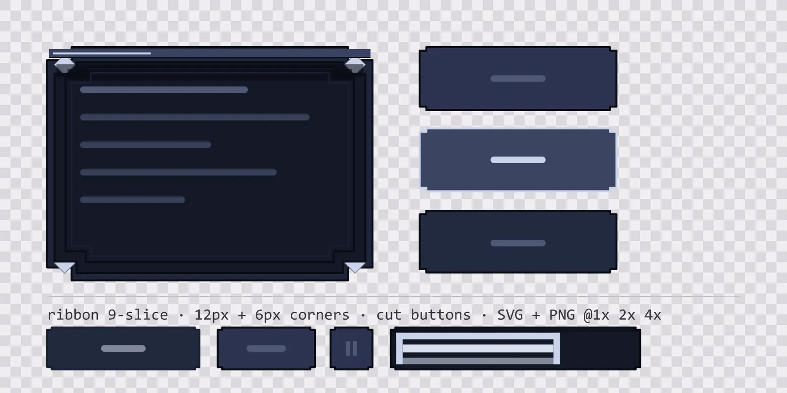 cold stone game menu panel with a pale silver title strip and a recessed list area, next to a column showing the same chamfered button in default, outlined hover and pushed-in pressed states